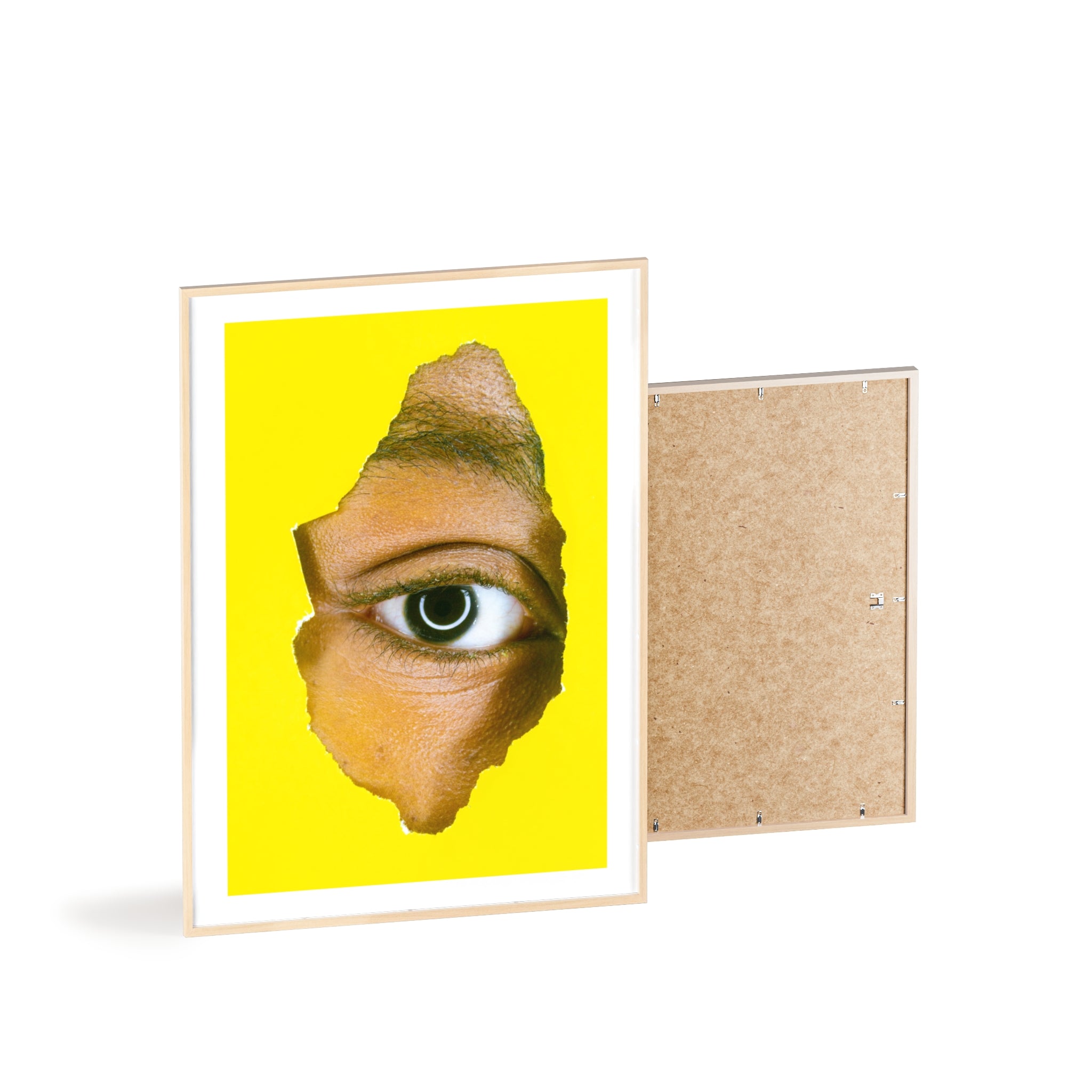Surreal Eye Print Poster with Wooden Frame — Bold Yellow Wall Art