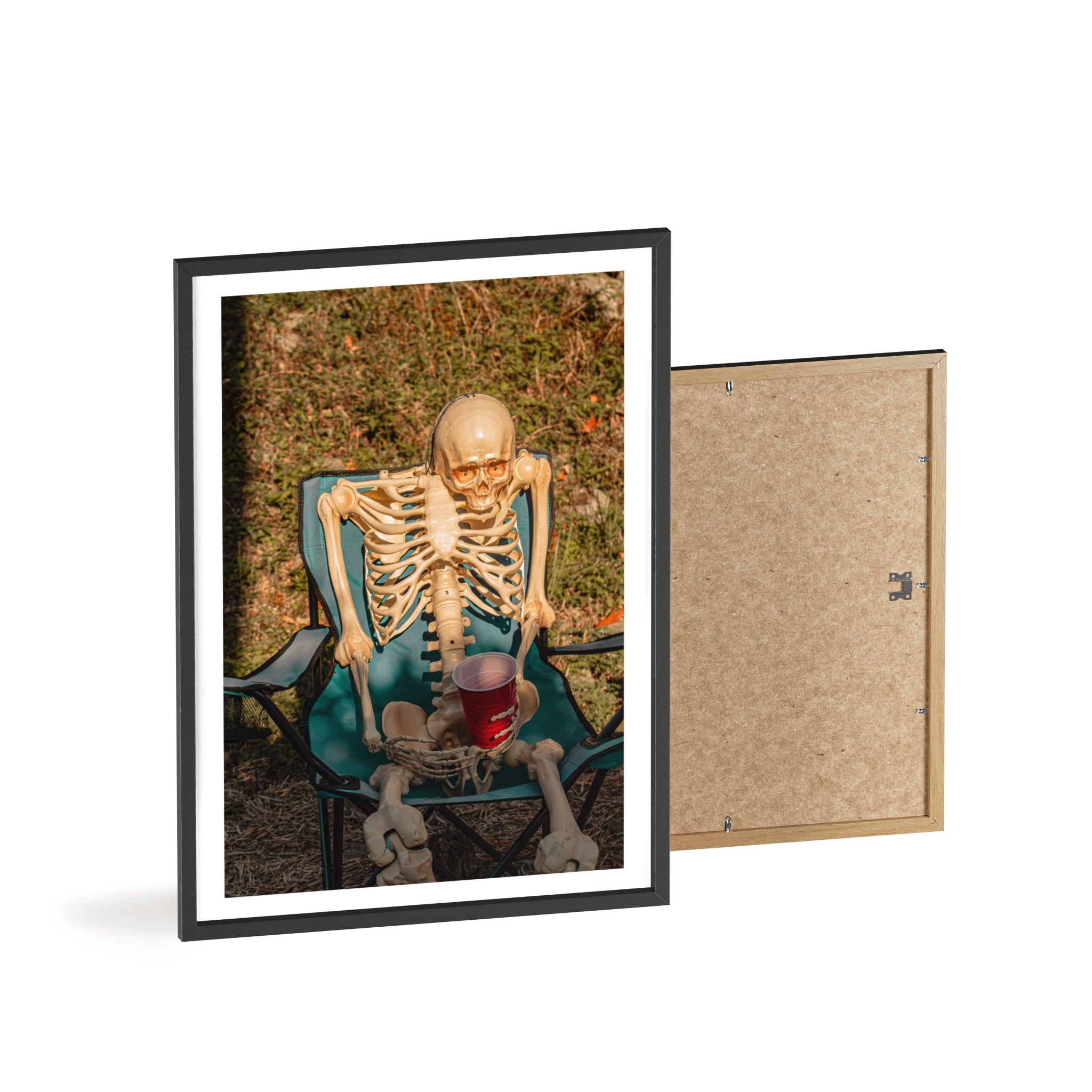 Skeleton Relaxing Poster with Wooden Frame — Funny Halloween Wall Art