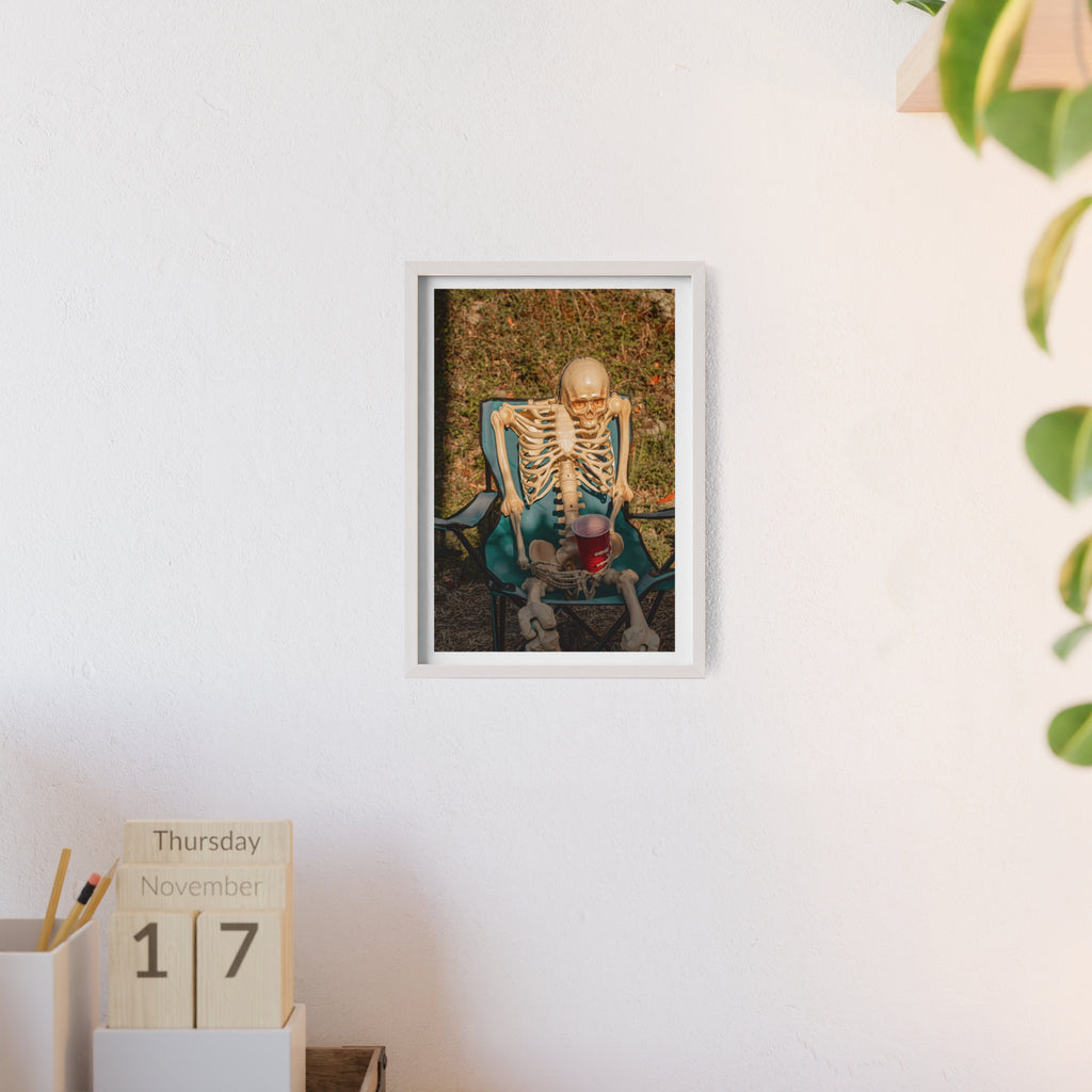 Skeleton Relaxing Poster with Wooden Frame — Funny Halloween Wall Art