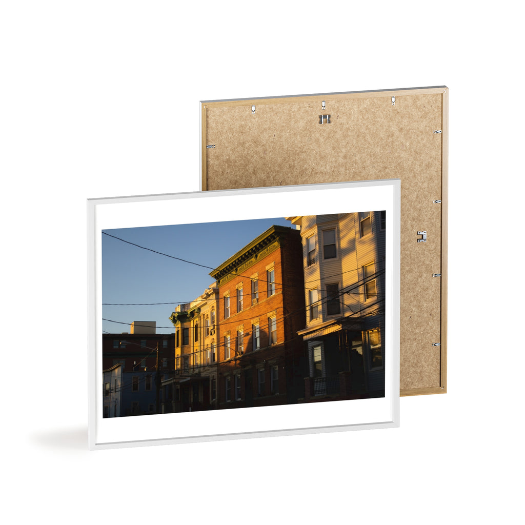 Framed Urban Rowhouse Print — Golden Hour City Street Wall Art Poster