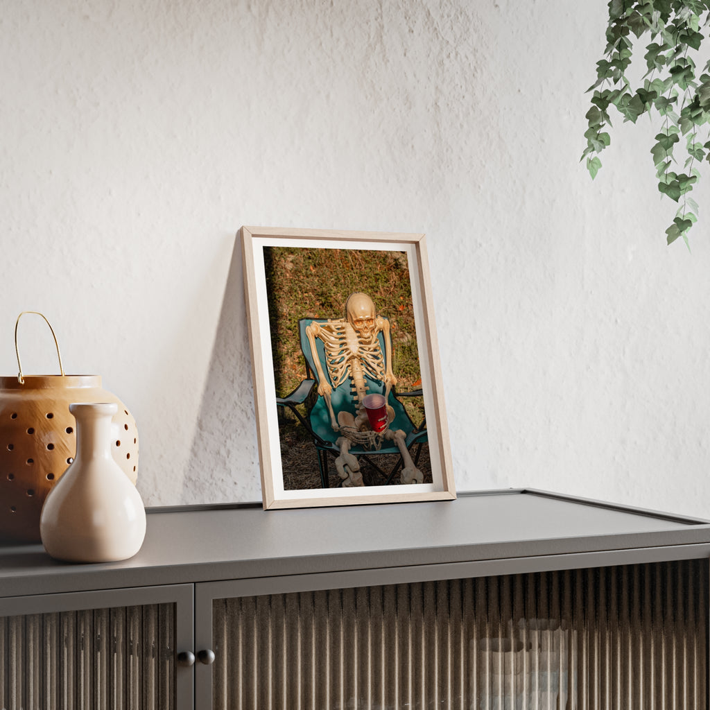 Skeleton Relaxing Poster with Wooden Frame — Funny Halloween Wall Art