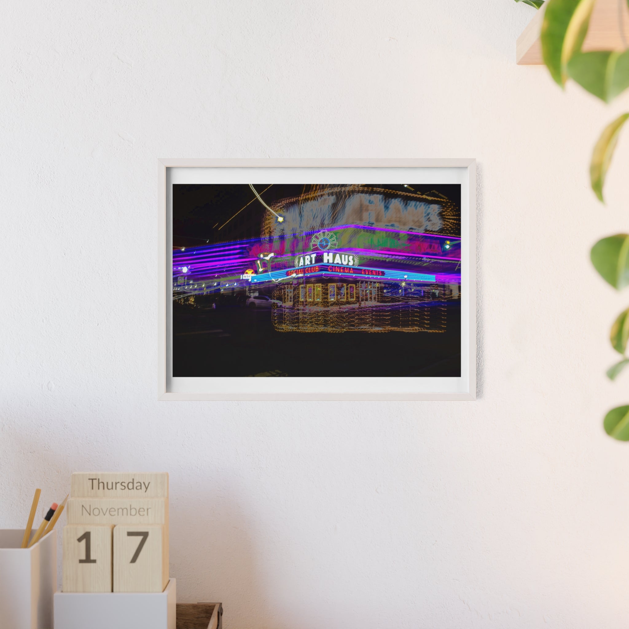 Neon Night Cinema Poster with Wooden Frame