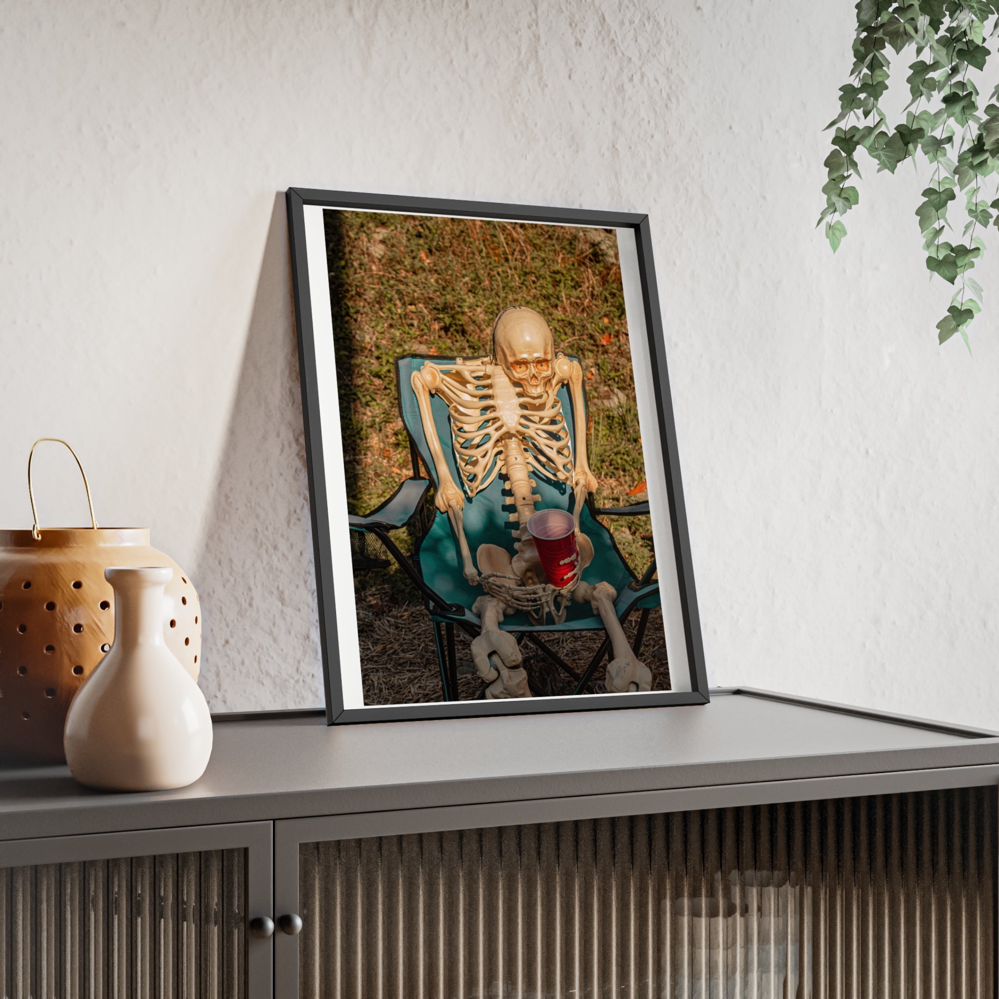 Skeleton Relaxing Poster with Wooden Frame — Funny Halloween Wall Art