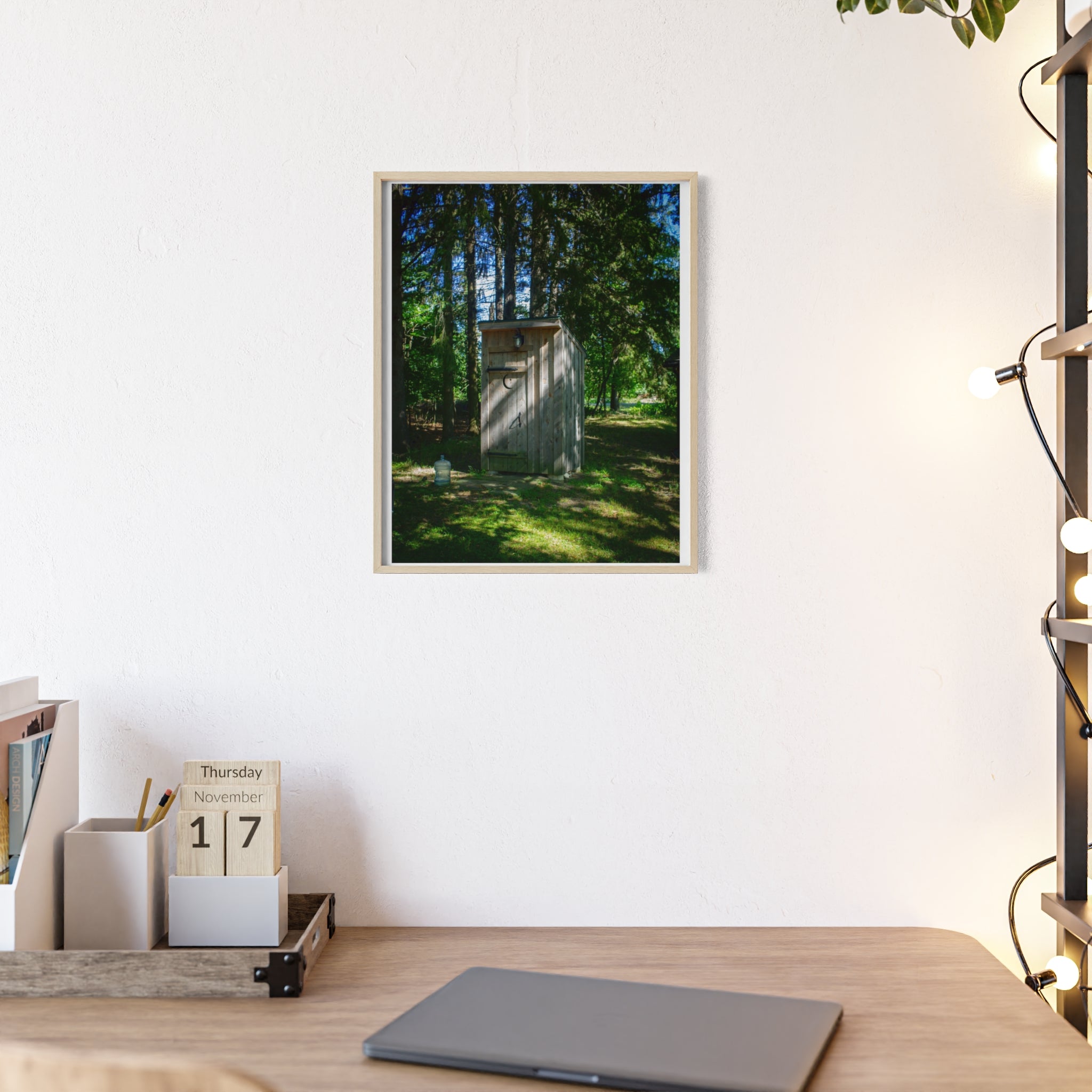 Rustic Forest Outhouse Photo Poster with Wooden Frame — Country Cabin Wall Art