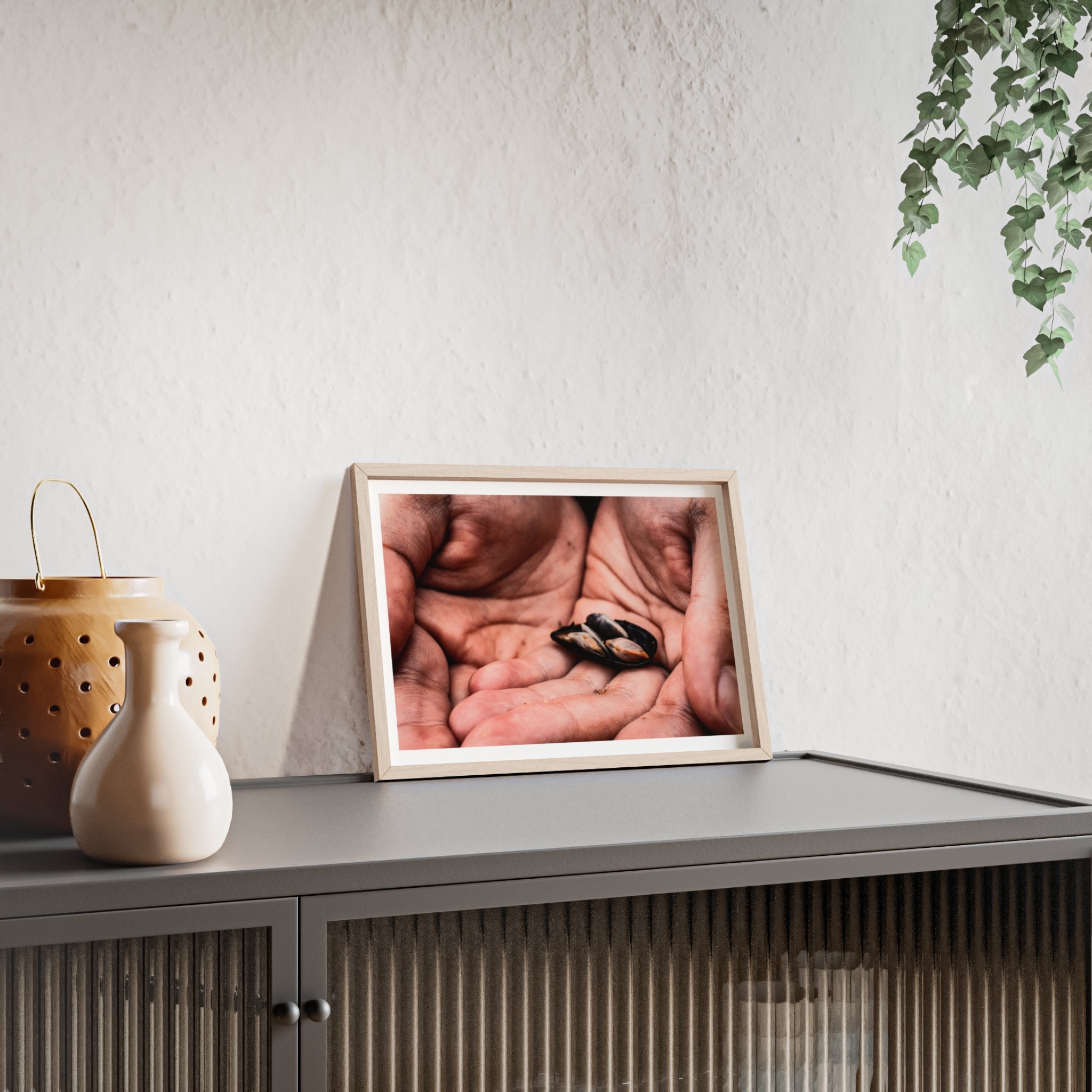 Framed Hands & Shells Art Print — Rustic Botanical Wall Poster