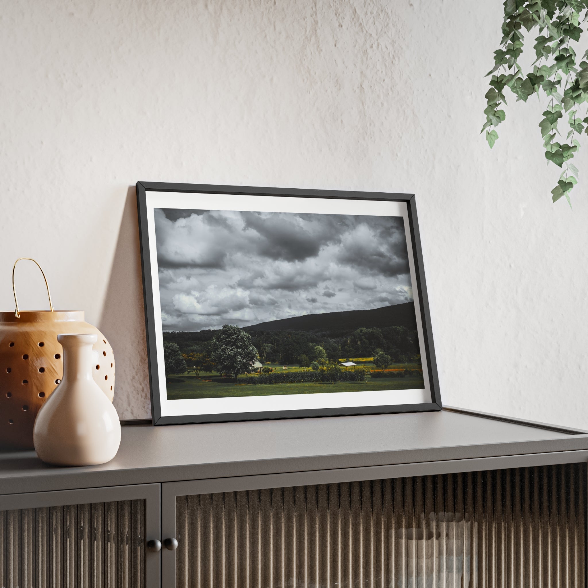 Framed Landscape Poster — Moody Countryside Wall Art with Wooden Frame
