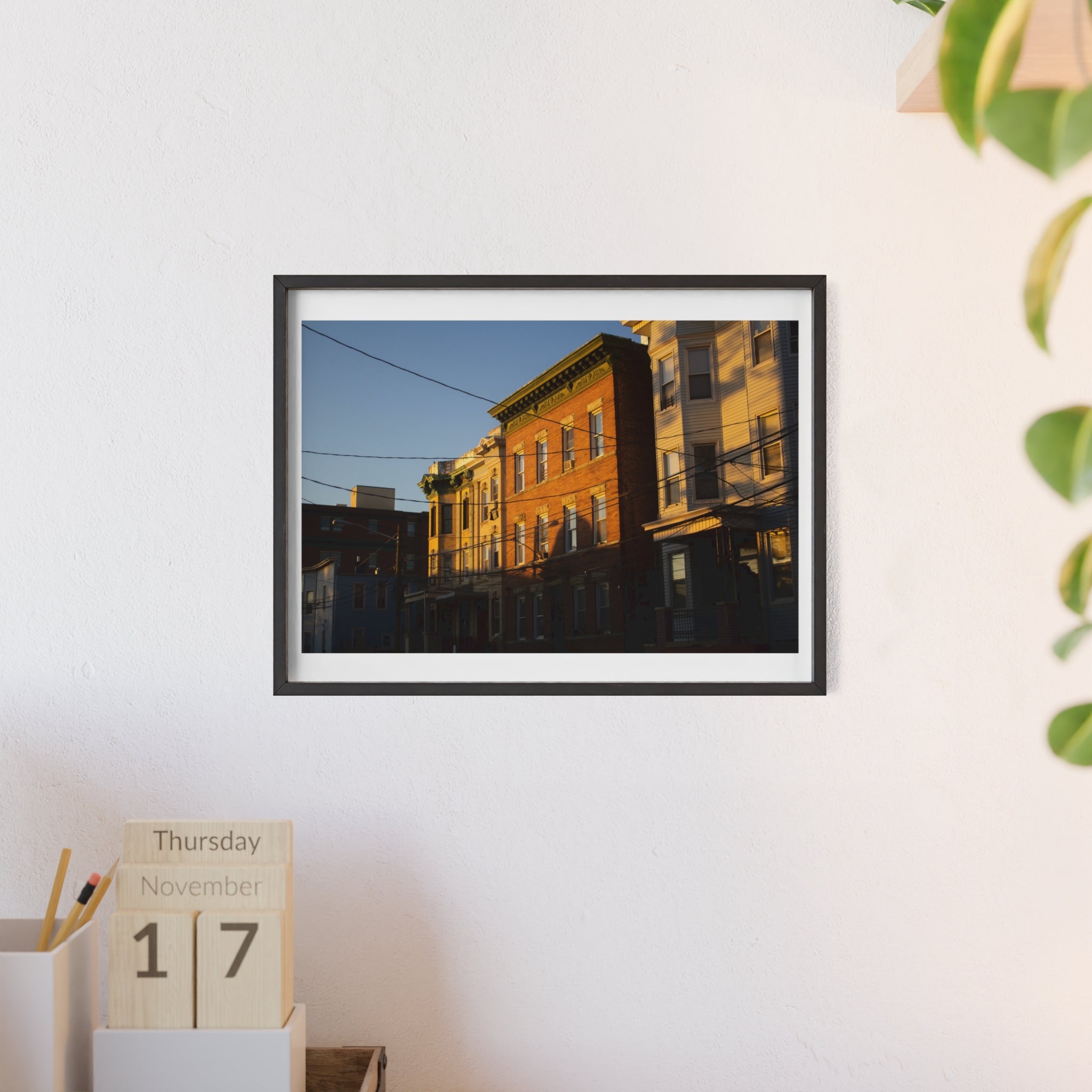 Framed Urban Rowhouse Print — Golden Hour City Street Wall Art Poster