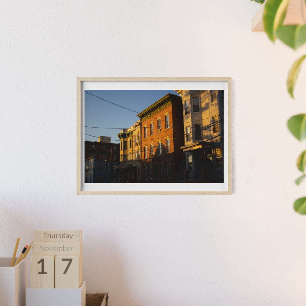 Framed Urban Rowhouse Print — Golden Hour City Street Wall Art Poster