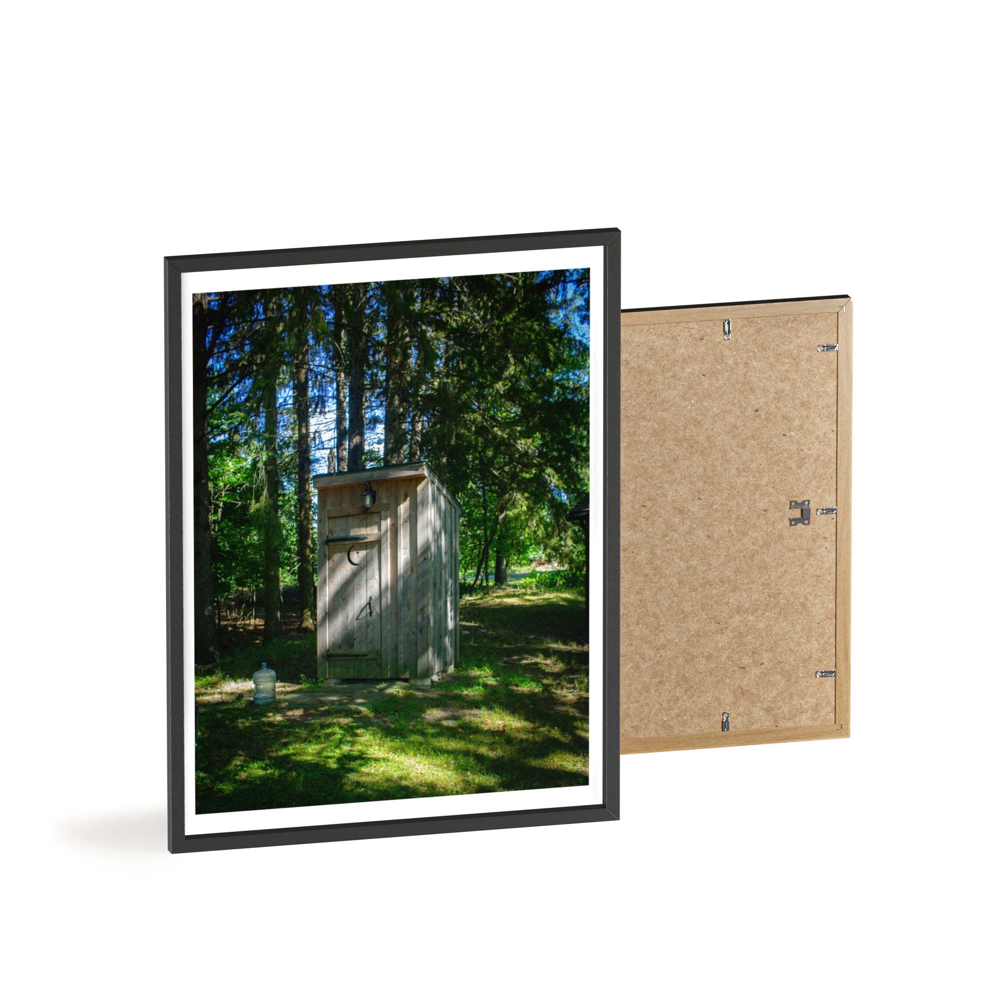 Rustic Forest Outhouse Photo Poster with Wooden Frame — Country Cabin Wall Art