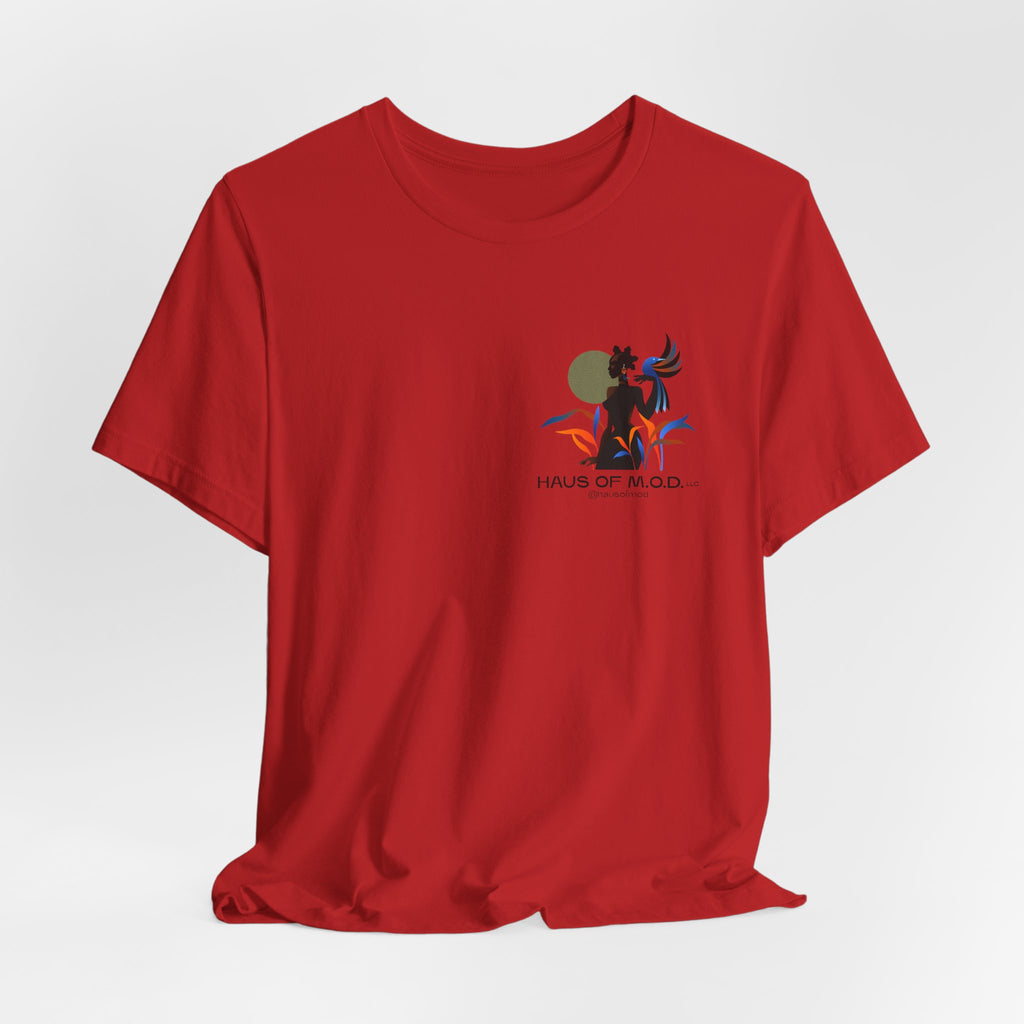 Red t-shirt with a graphic design on a white background