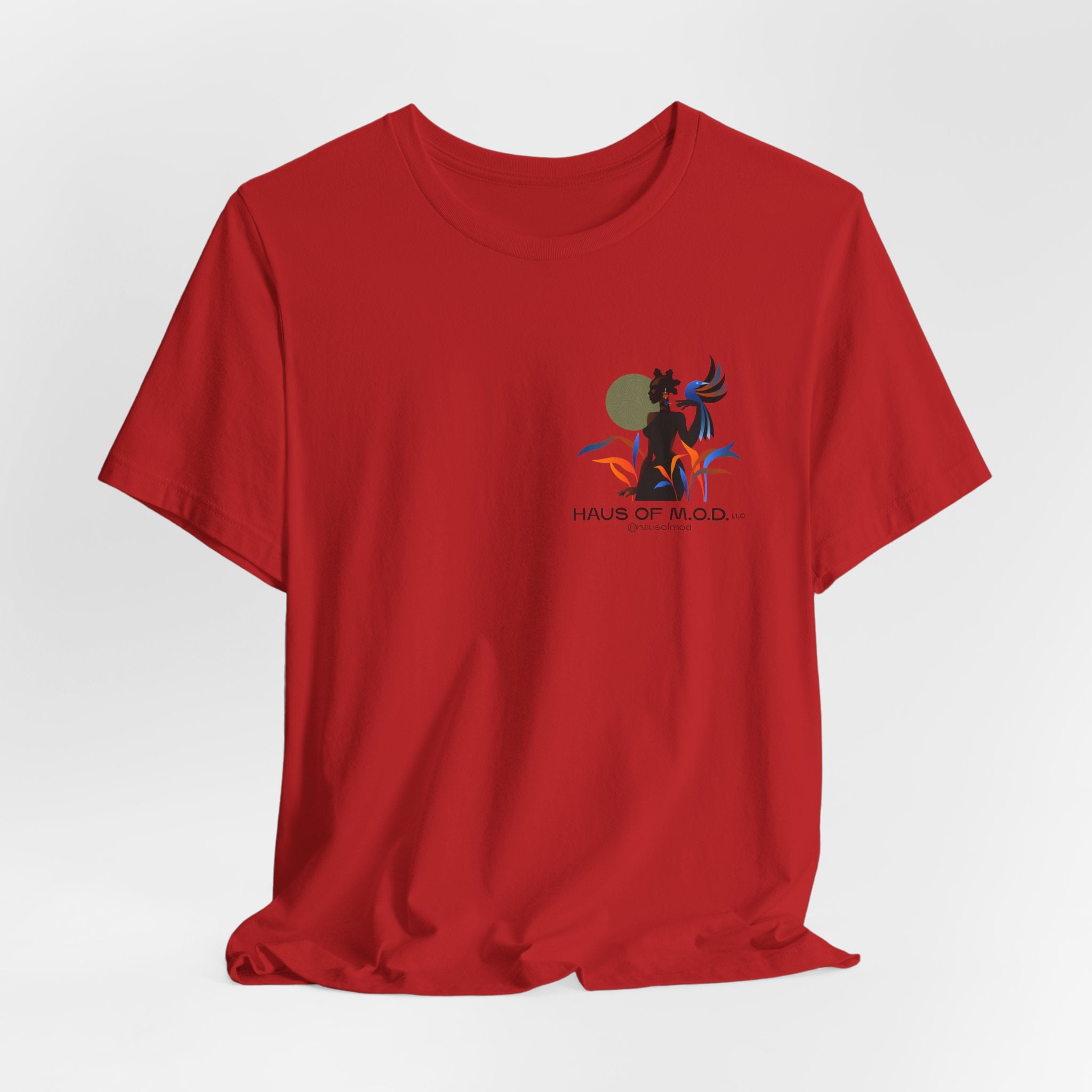Red t-shirt with a graphic design on a white background