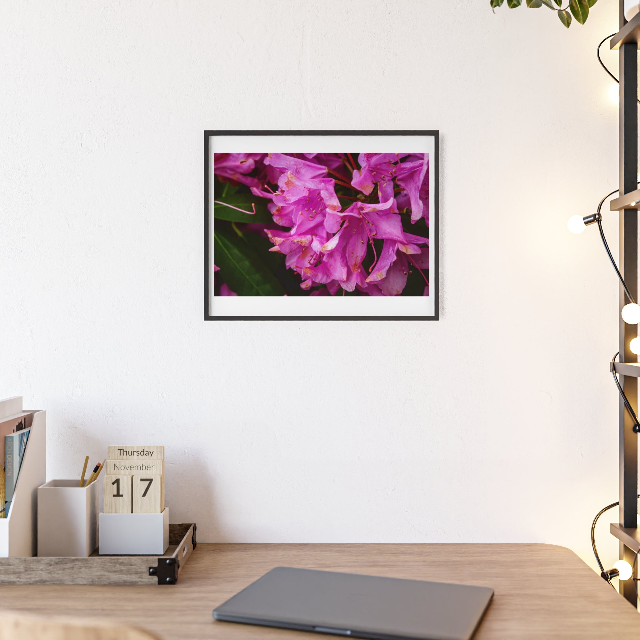 Framed Pink Rhododendron Poster — Floral Wall Art with Wooden Frame