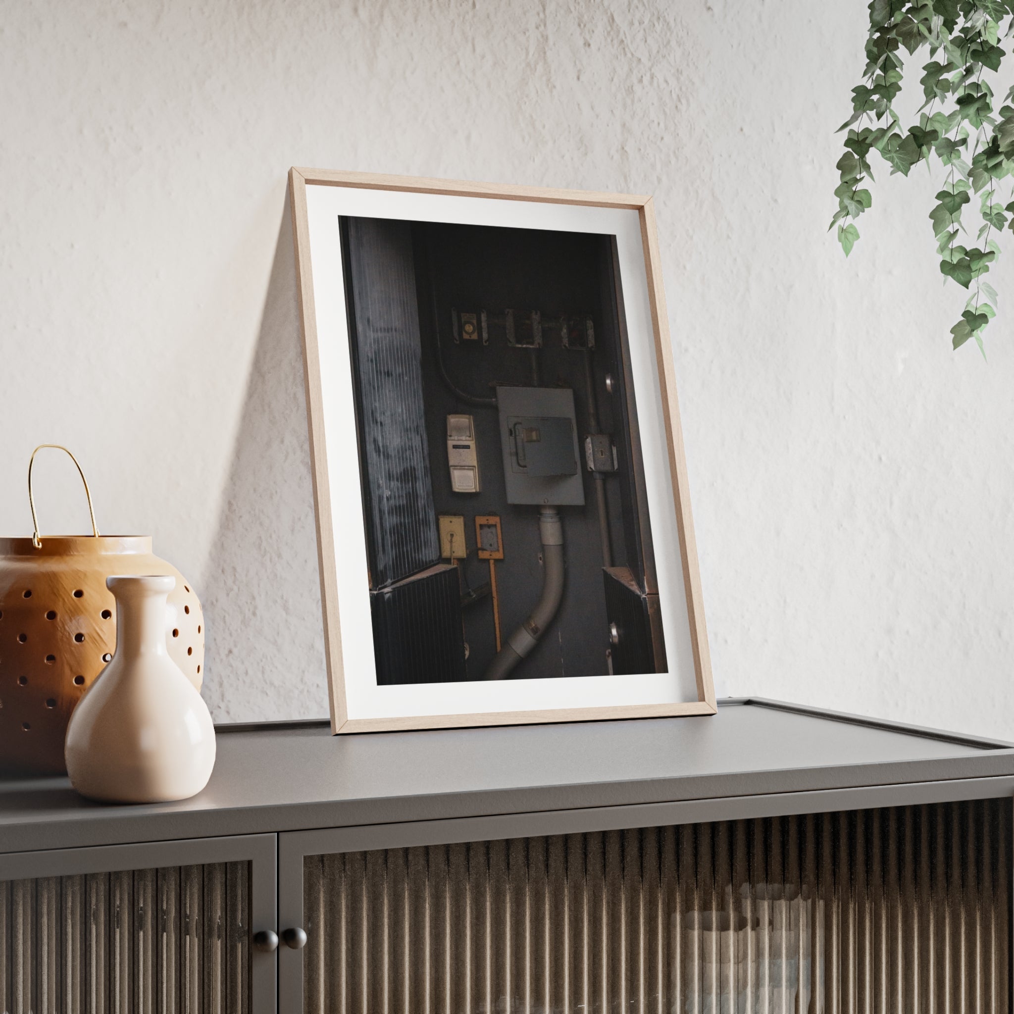 Industrial Electrical Box Poster with Wooden Frame — Urban Utility Wall Art