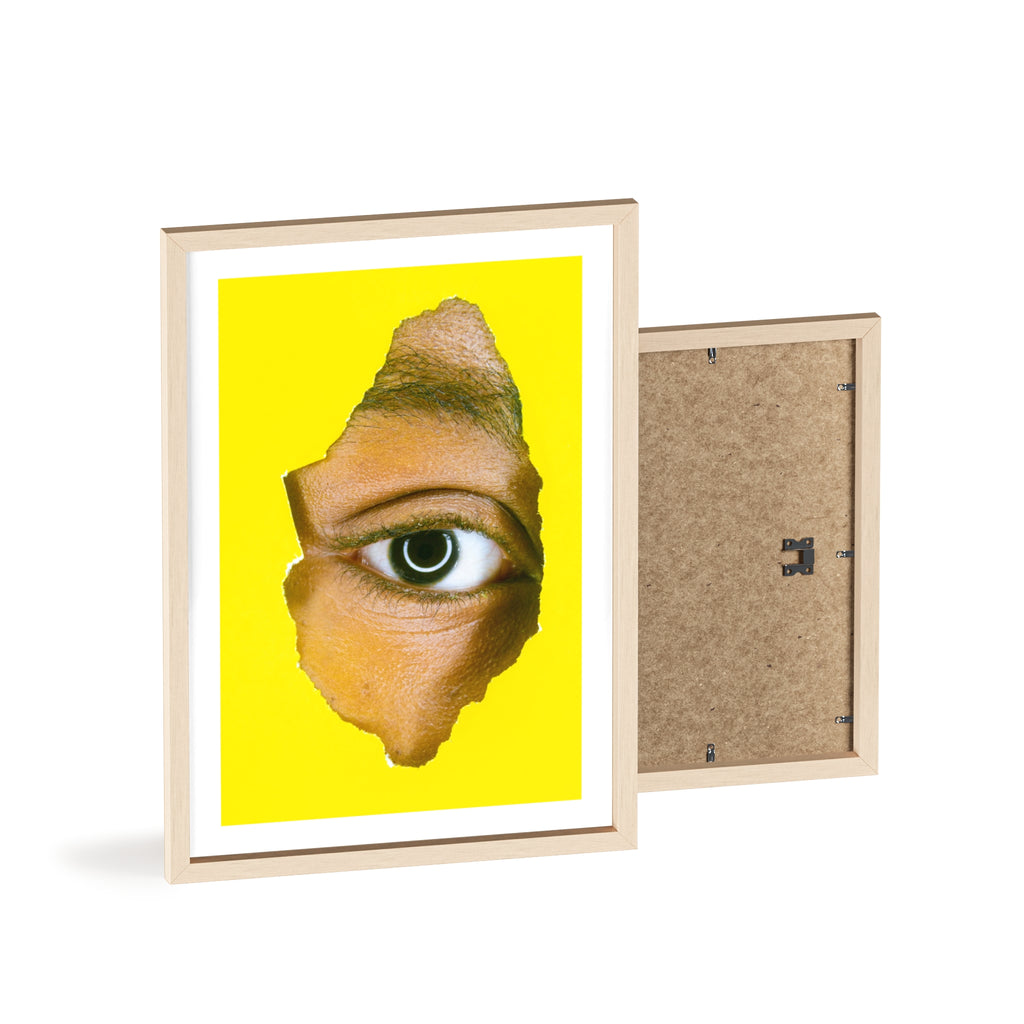Surreal Eye Print Poster with Wooden Frame — Bold Yellow Wall Art