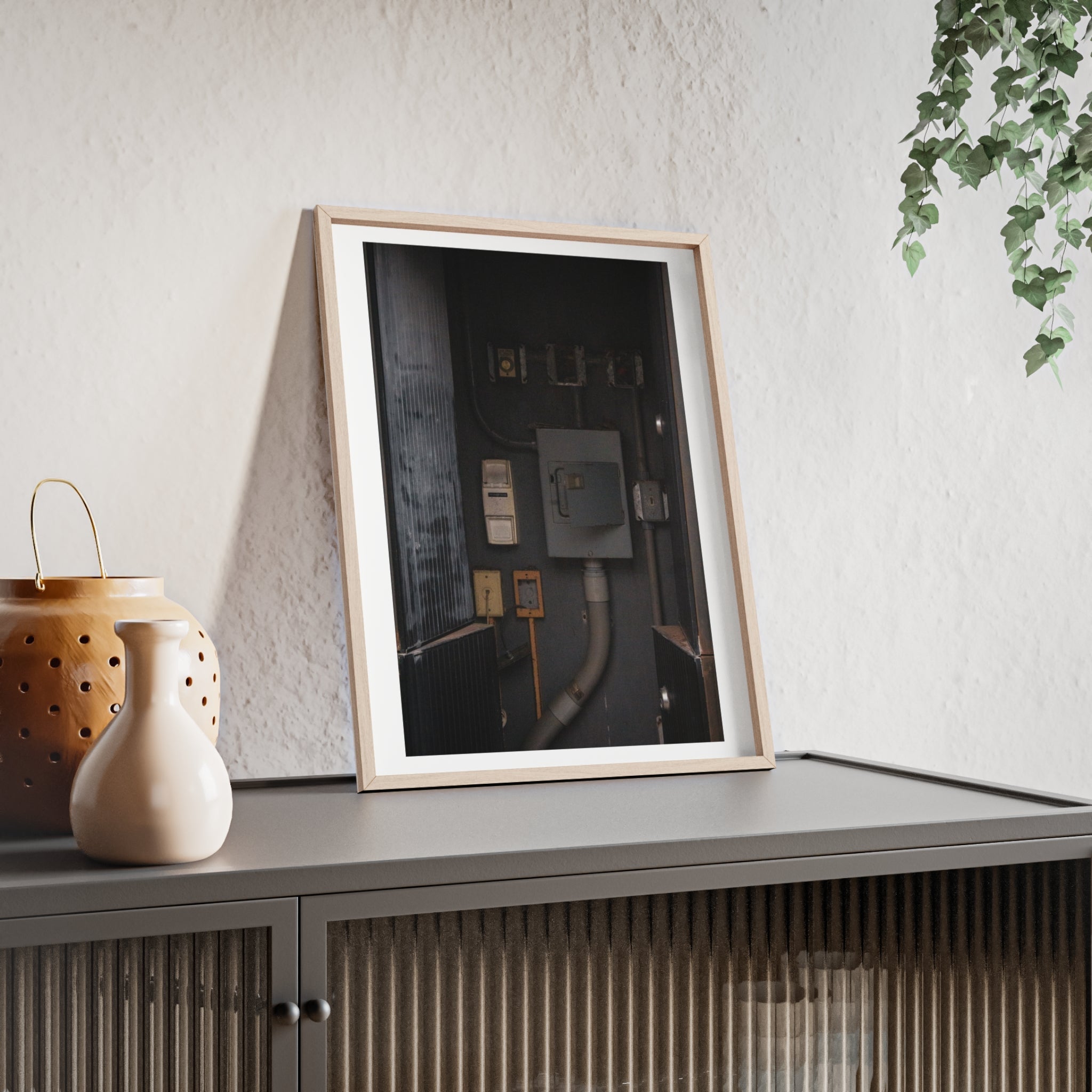 Industrial Electrical Box Poster with Wooden Frame — Urban Utility Wall Art
