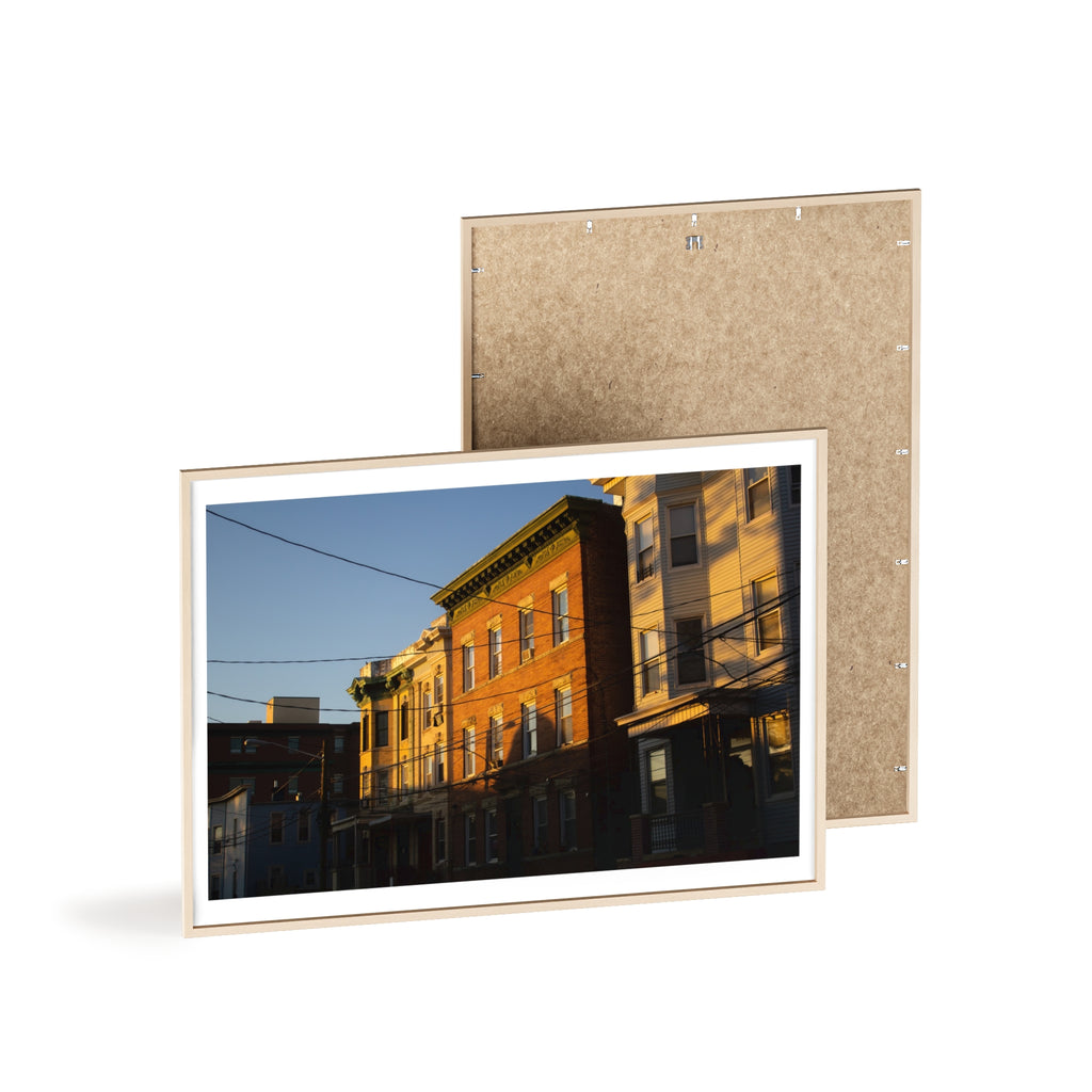 Framed Urban Rowhouse Print — Golden Hour City Street Wall Art Poster