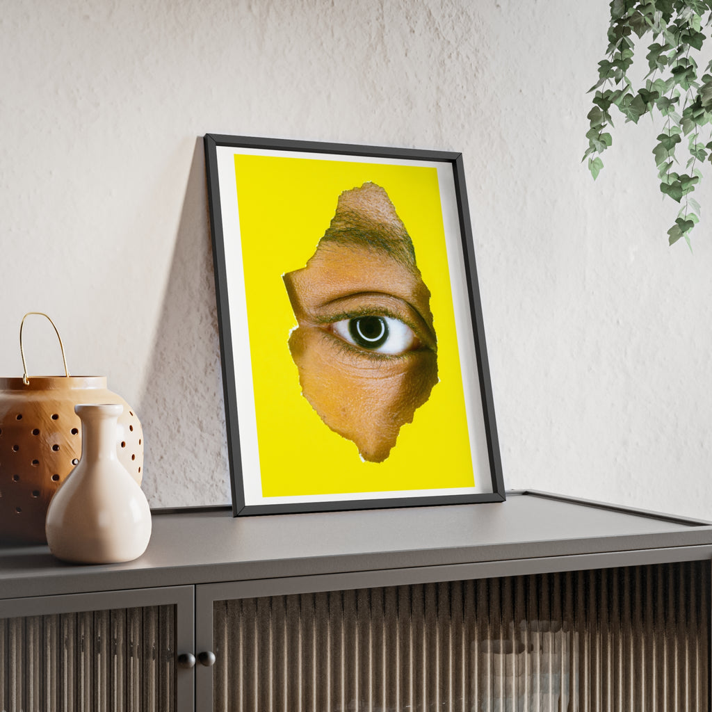 Surreal Eye Print Poster with Wooden Frame — Bold Yellow Wall Art