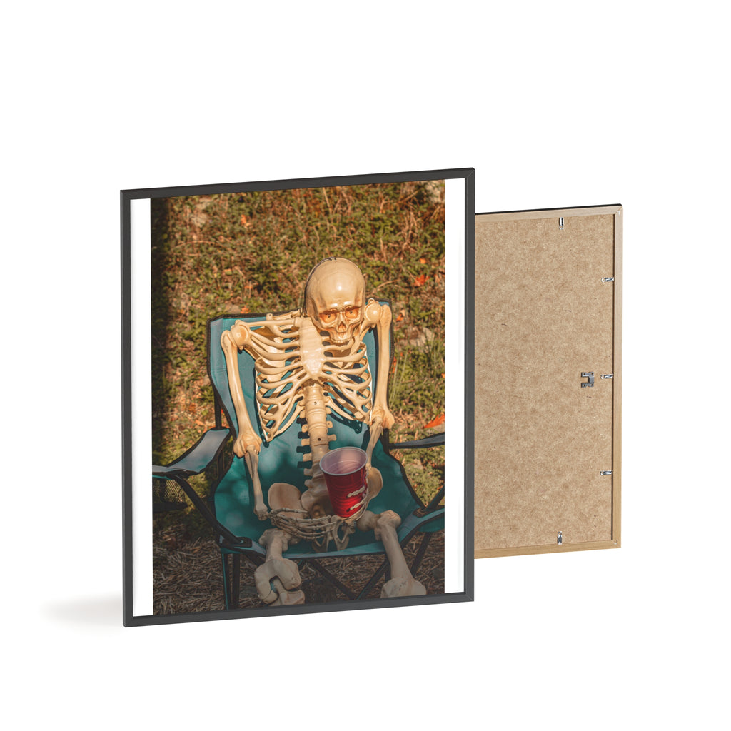 Skeleton Relaxing Poster with Wooden Frame — Funny Halloween Wall Art