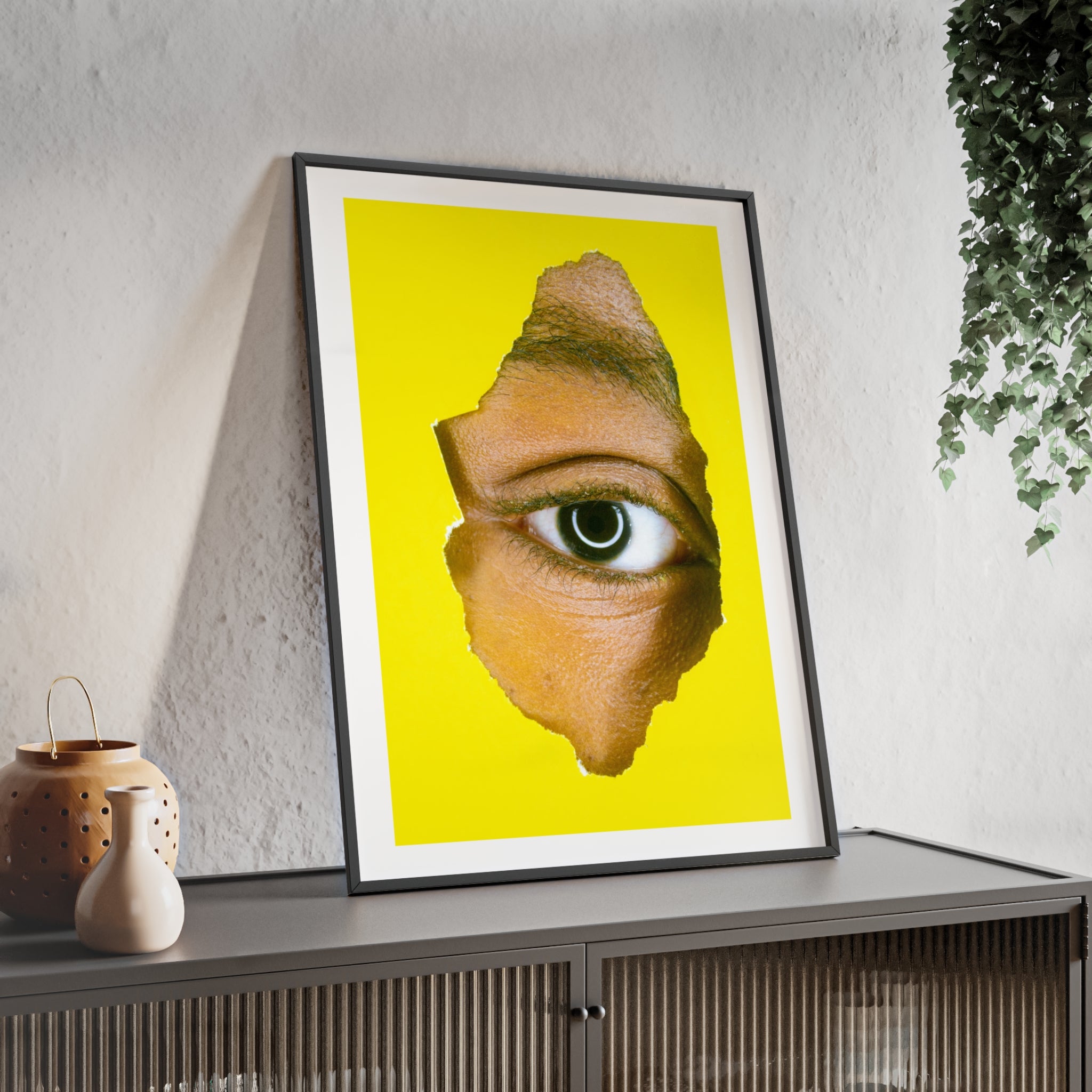 Surreal Eye Print Poster with Wooden Frame — Bold Yellow Wall Art