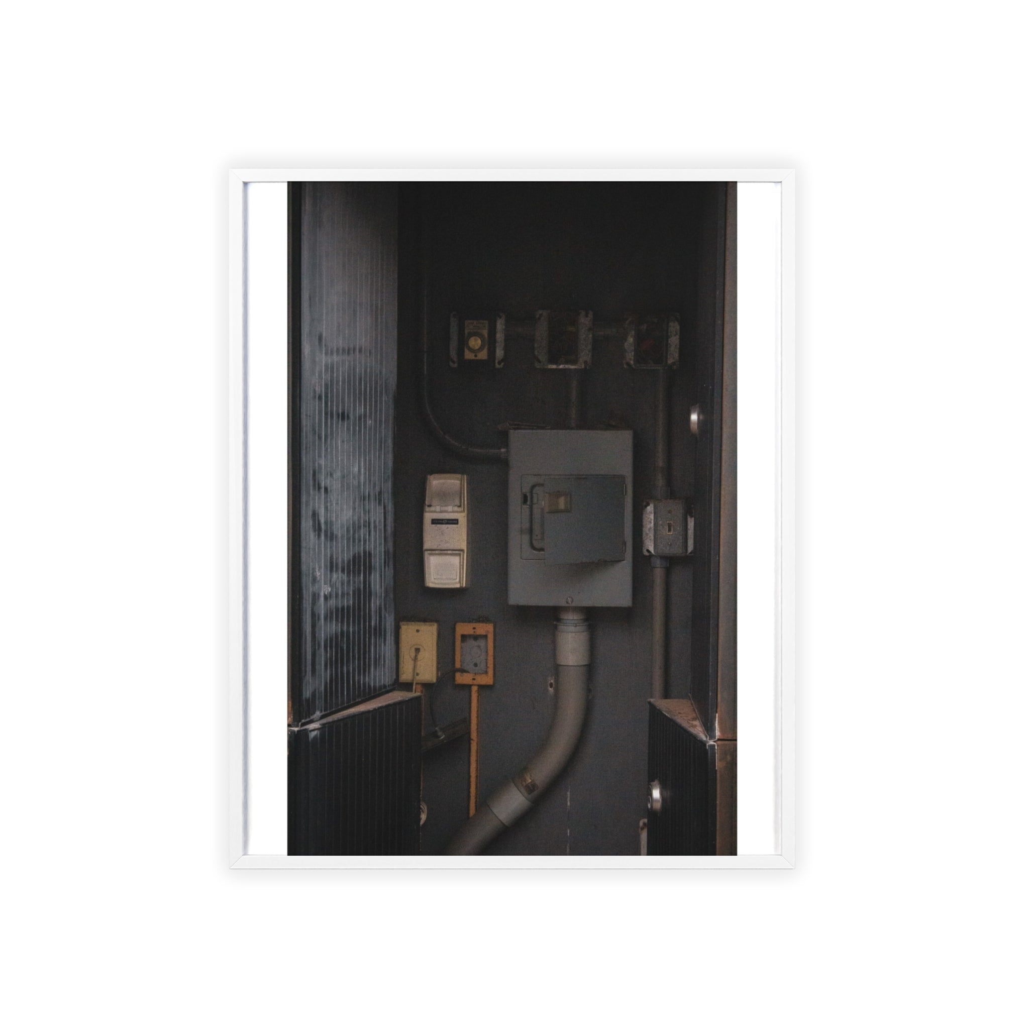 Industrial Electrical Box Poster with Wooden Frame — Urban Utility Wall Art