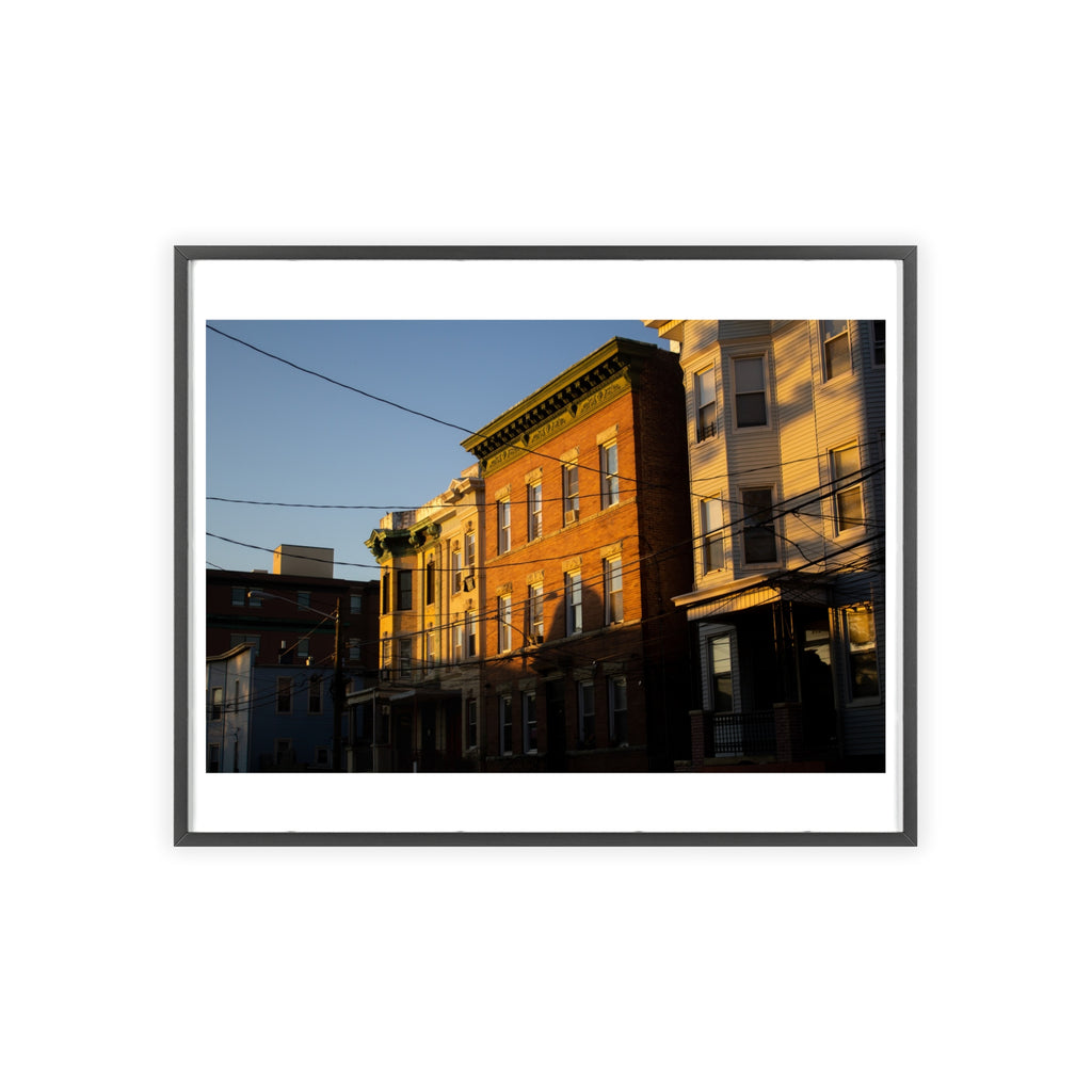 Framed Urban Rowhouse Print — Golden Hour City Street Wall Art Poster