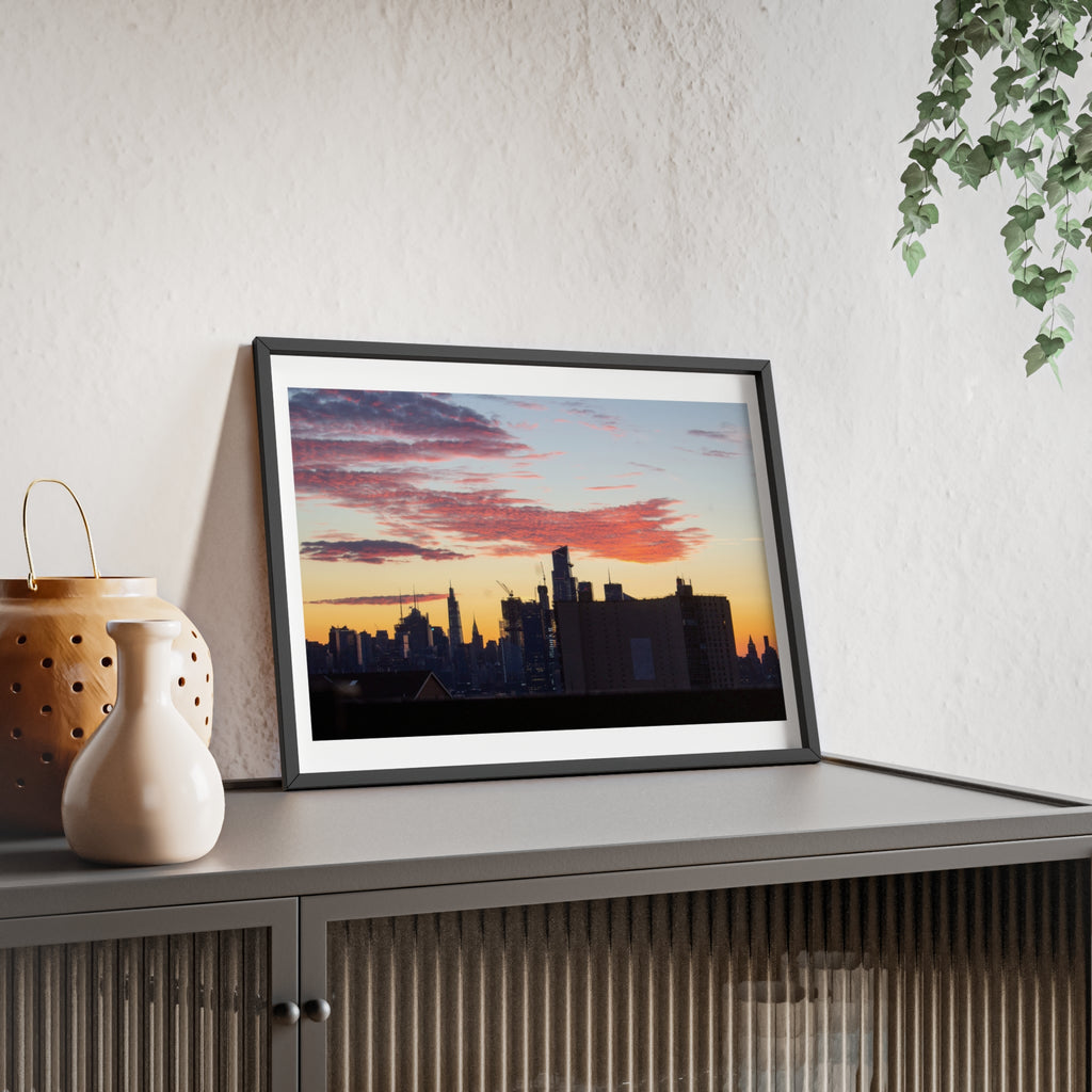Framed City Skyline Poster — Sunset Urban Wall Art with Wooden Frame