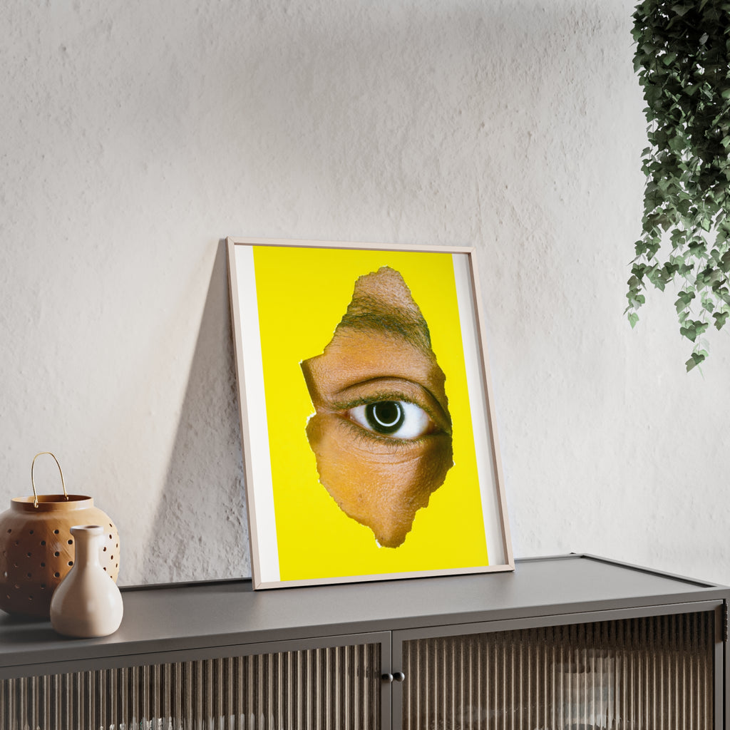 Surreal Eye Print Poster with Wooden Frame — Bold Yellow Wall Art