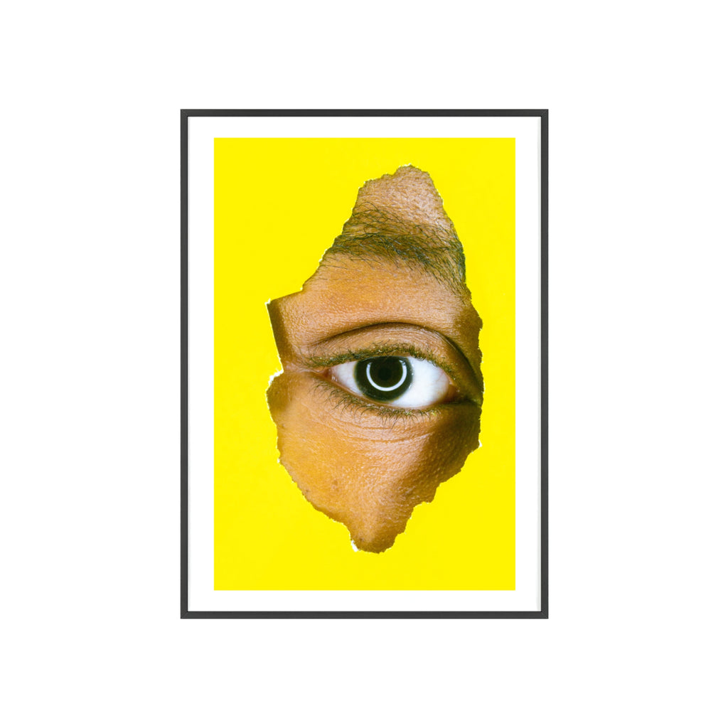 Surreal Eye Print Poster with Wooden Frame — Bold Yellow Wall Art
