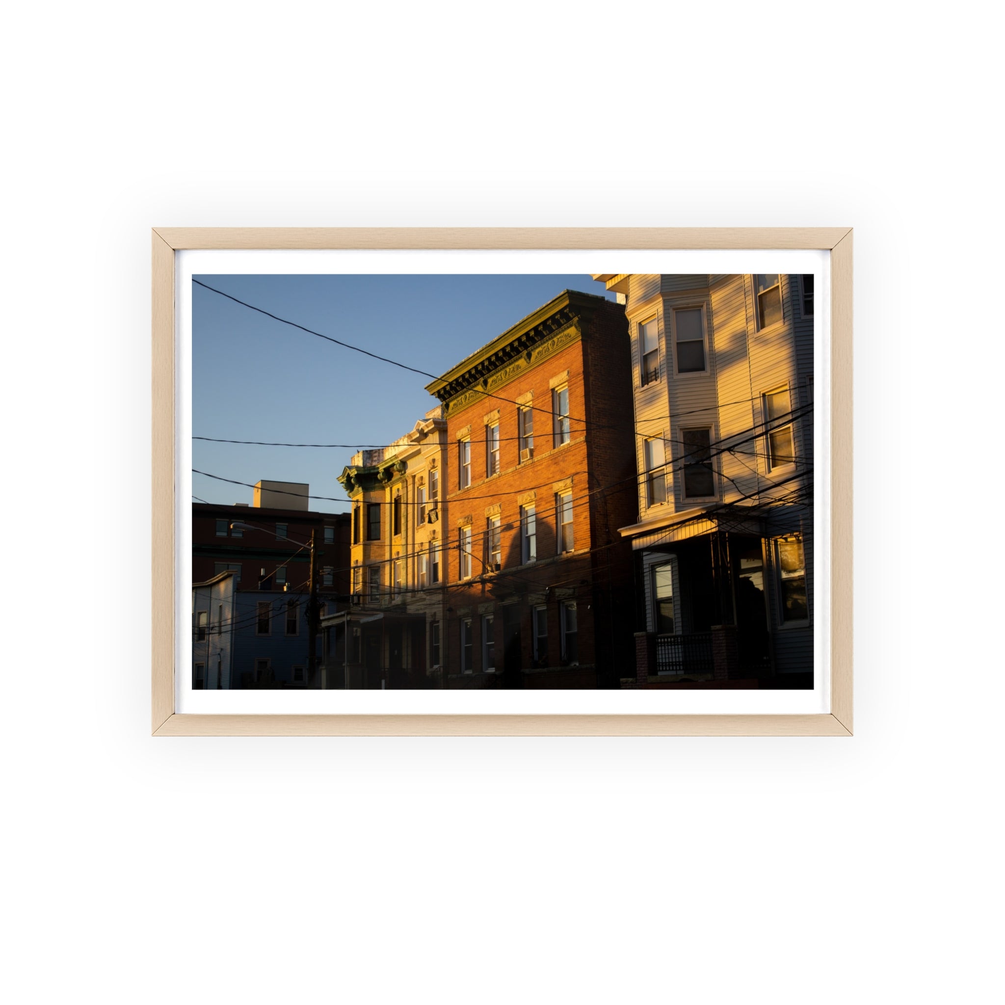Framed Urban Rowhouse Print — Golden Hour City Street Wall Art Poster