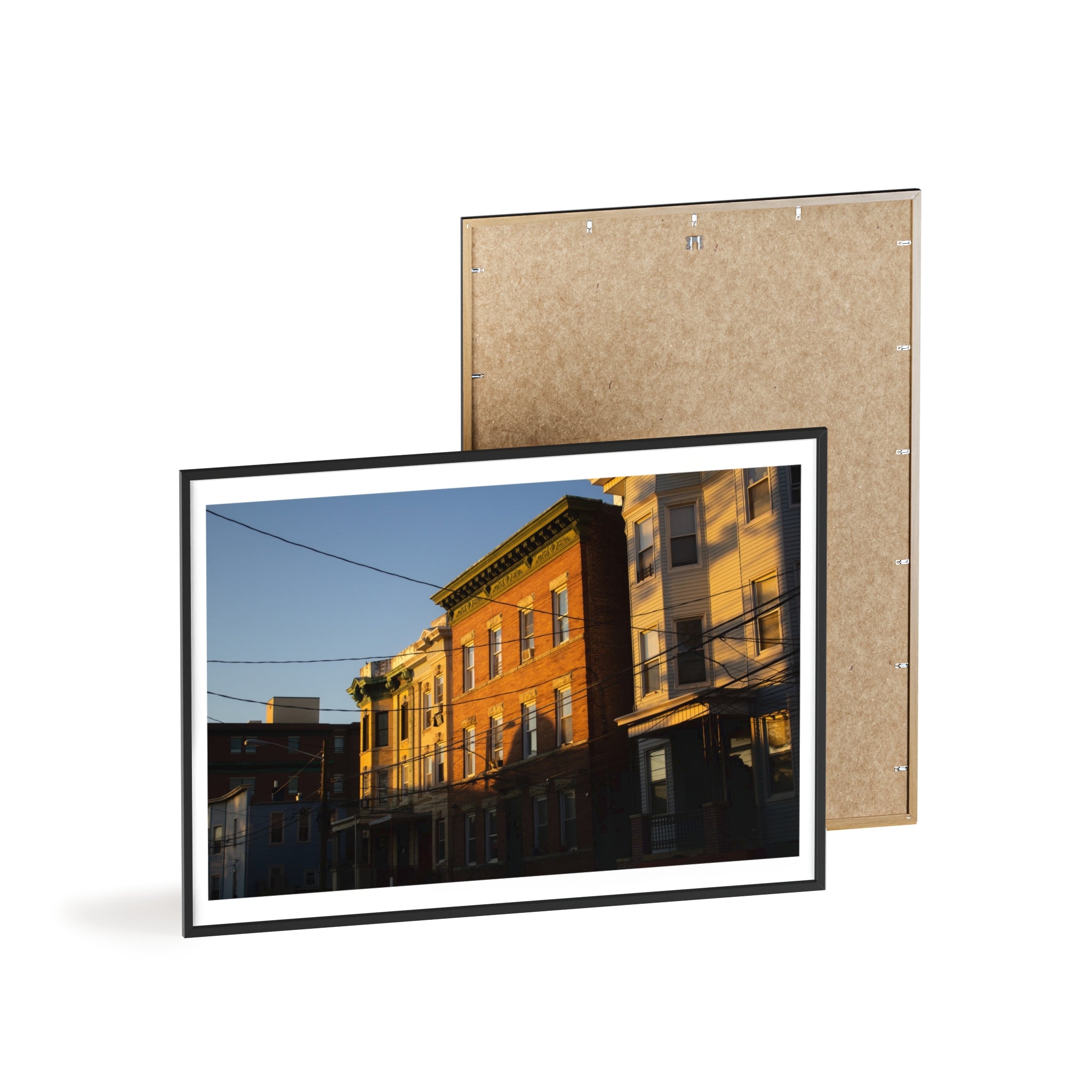 Framed Urban Rowhouse Print — Golden Hour City Street Wall Art Poster