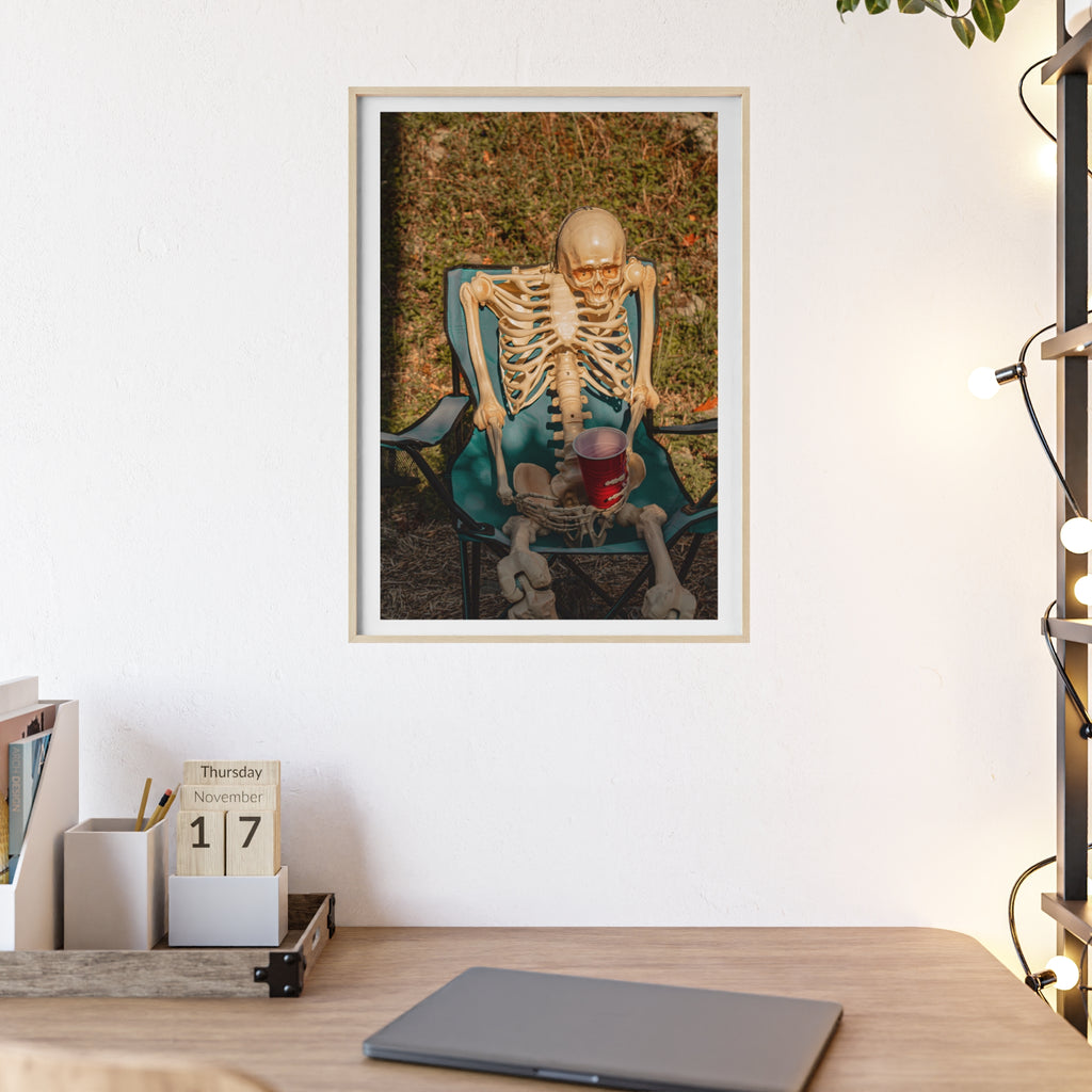 Skeleton Relaxing Poster with Wooden Frame — Funny Halloween Wall Art