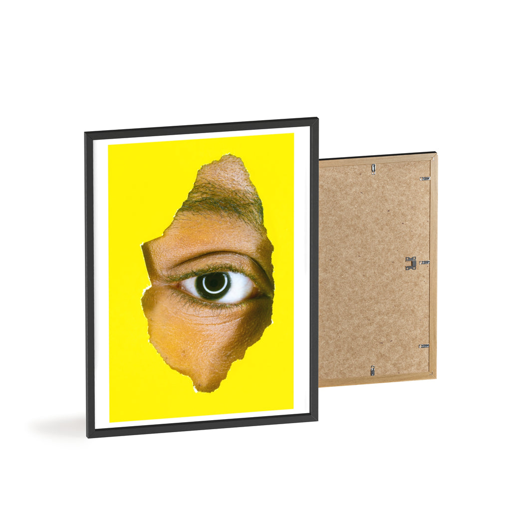 Surreal Eye Print Poster with Wooden Frame — Bold Yellow Wall Art