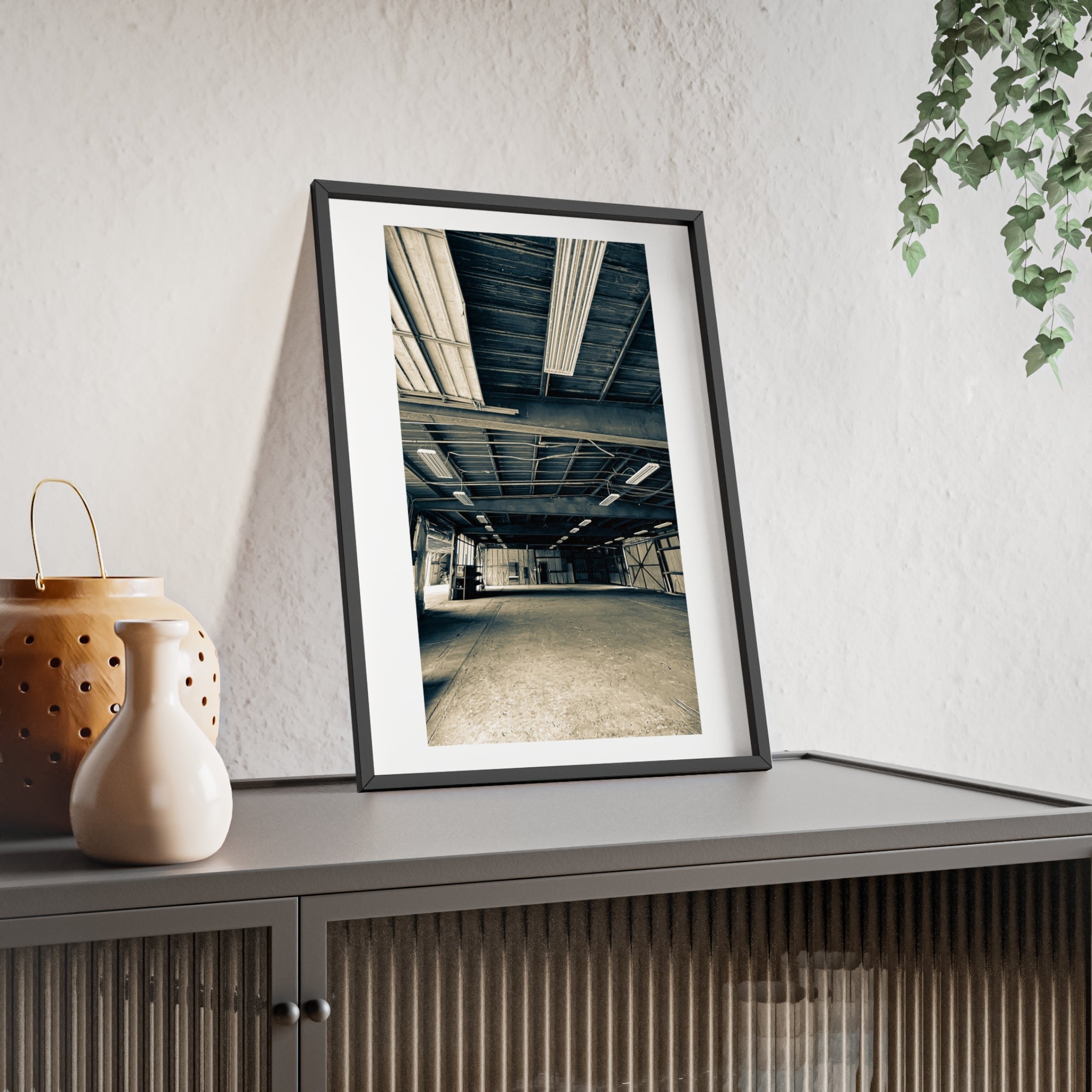 Industrial Warehouse Photo Poster with Wooden Frame — Vintage Urban Wall Art