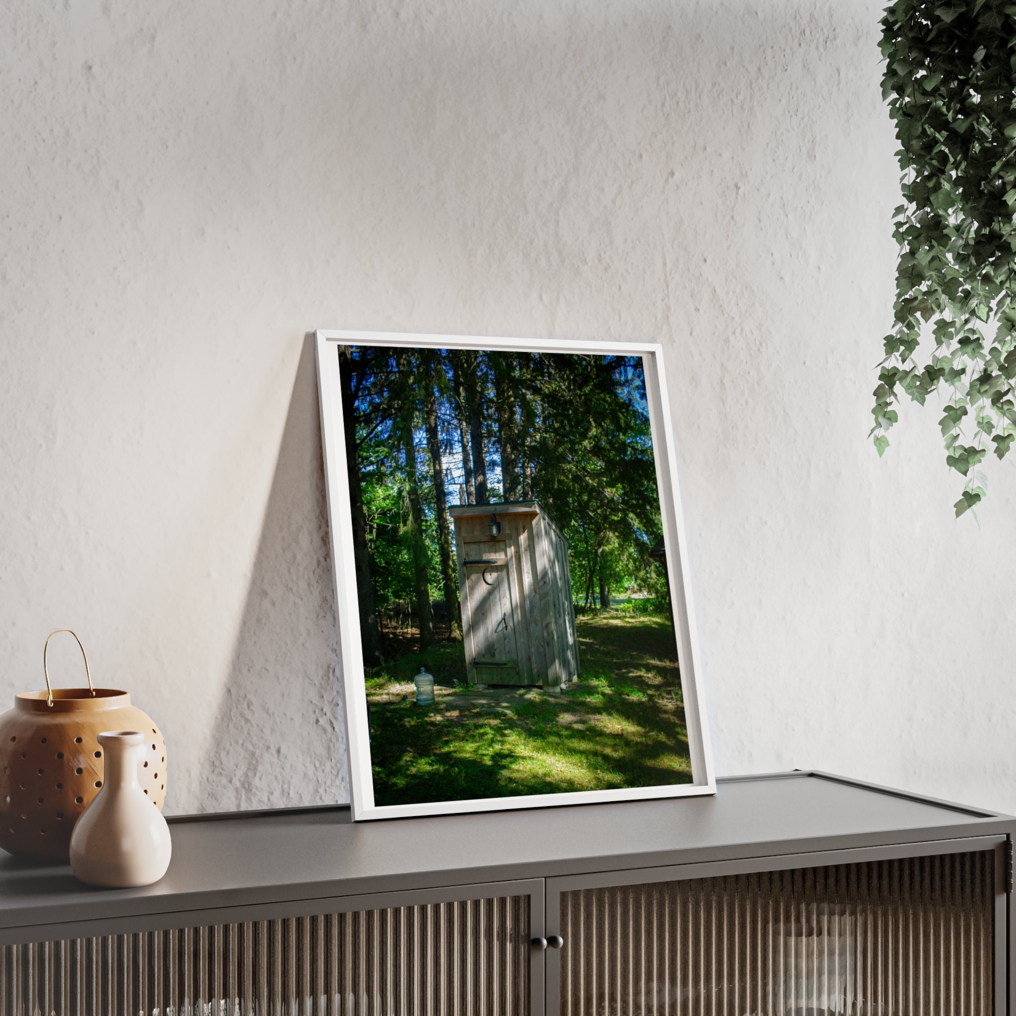 Rustic Forest Outhouse Photo Poster with Wooden Frame — Country Cabin Wall Art
