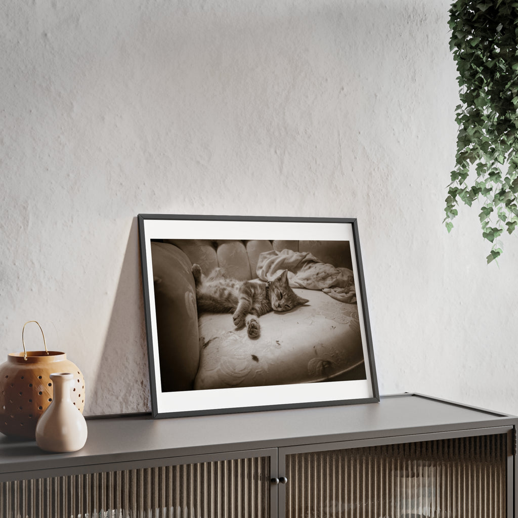Sepia Cat Photo Poster with Wooden Frame — Vintage Wall Art for Cat Lovers