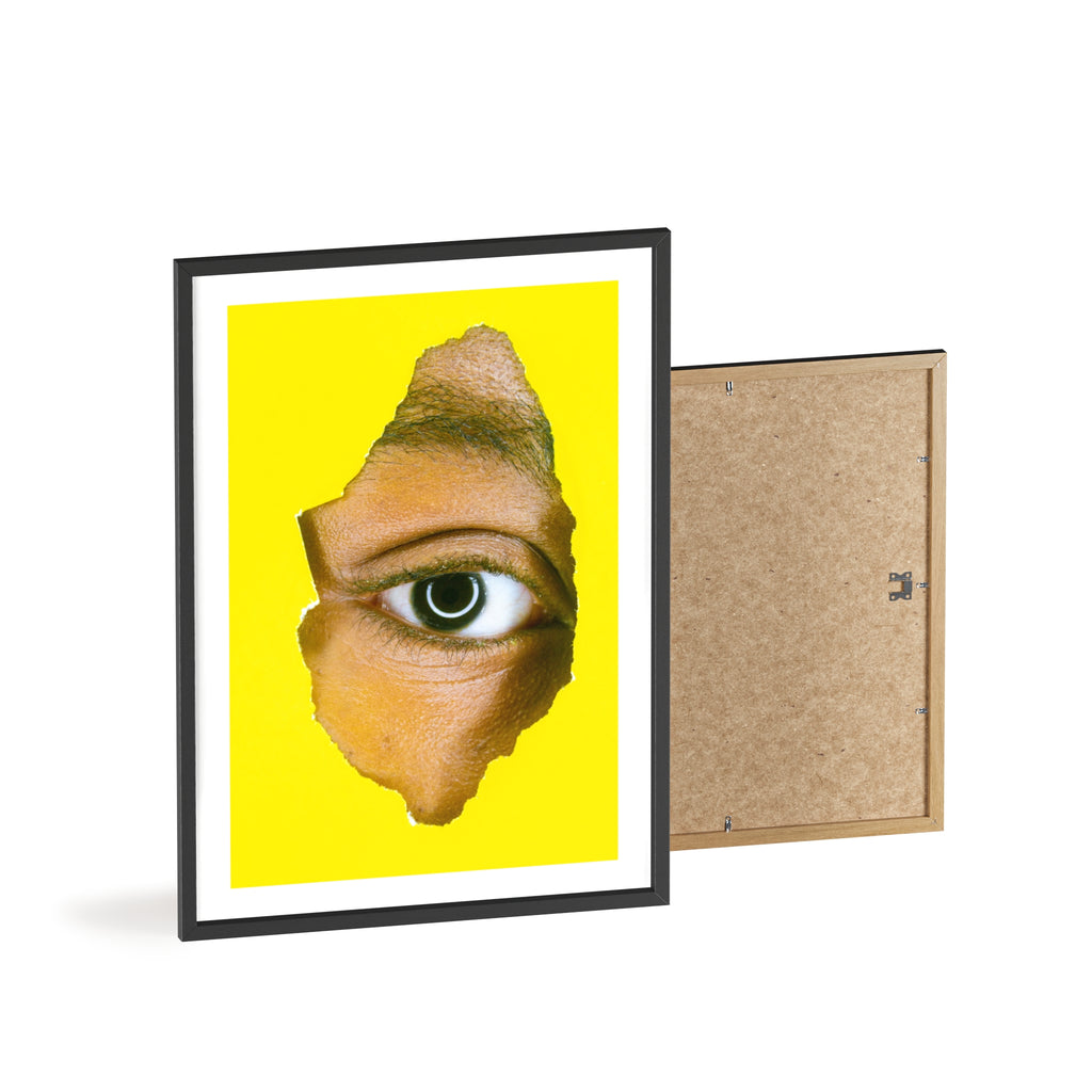 Surreal Eye Print Poster with Wooden Frame — Bold Yellow Wall Art