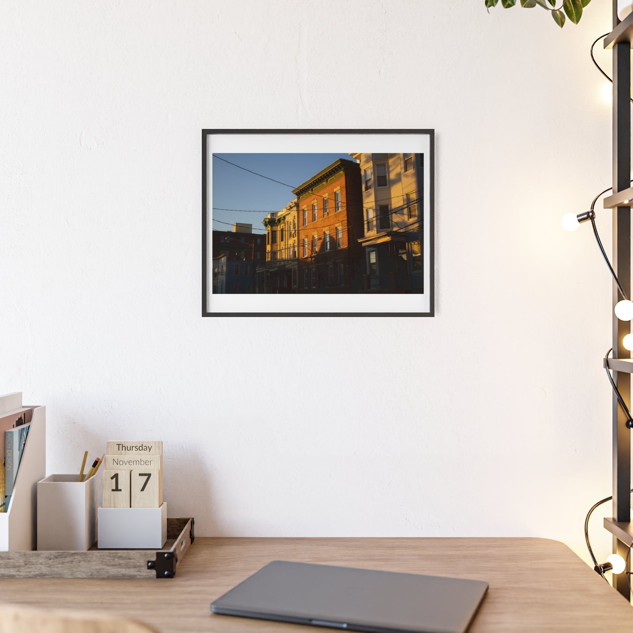 Framed Urban Rowhouse Print — Golden Hour City Street Wall Art Poster