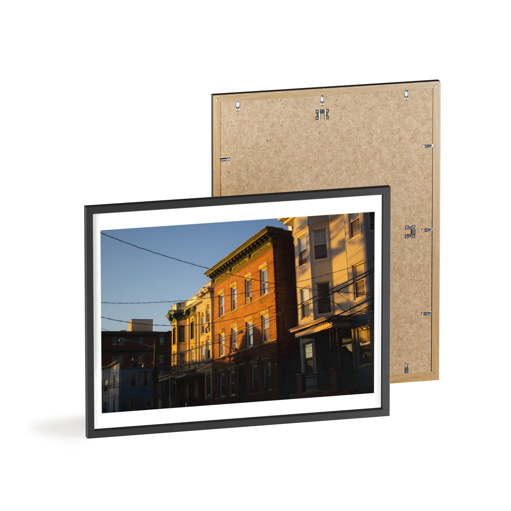 Framed Urban Rowhouse Print — Golden Hour City Street Wall Art Poster