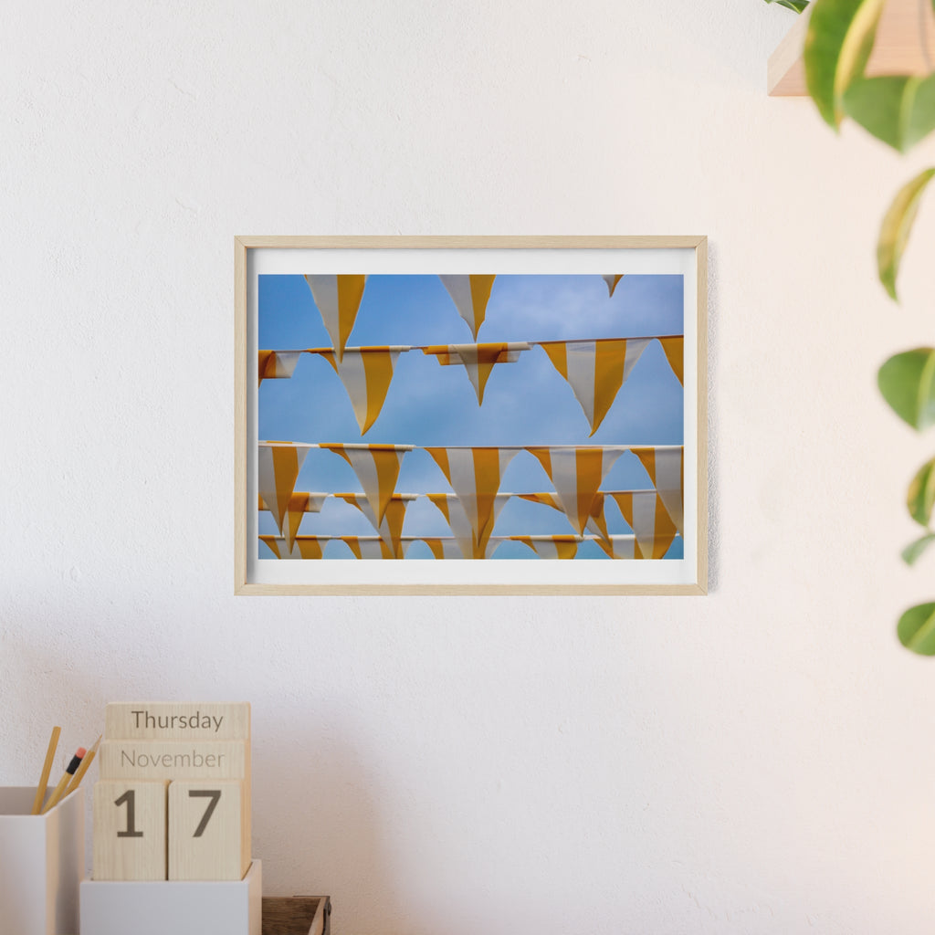 Yellow Bunting Photo Poster with Wooden Frame — Festive Beach Vibes Wall Art