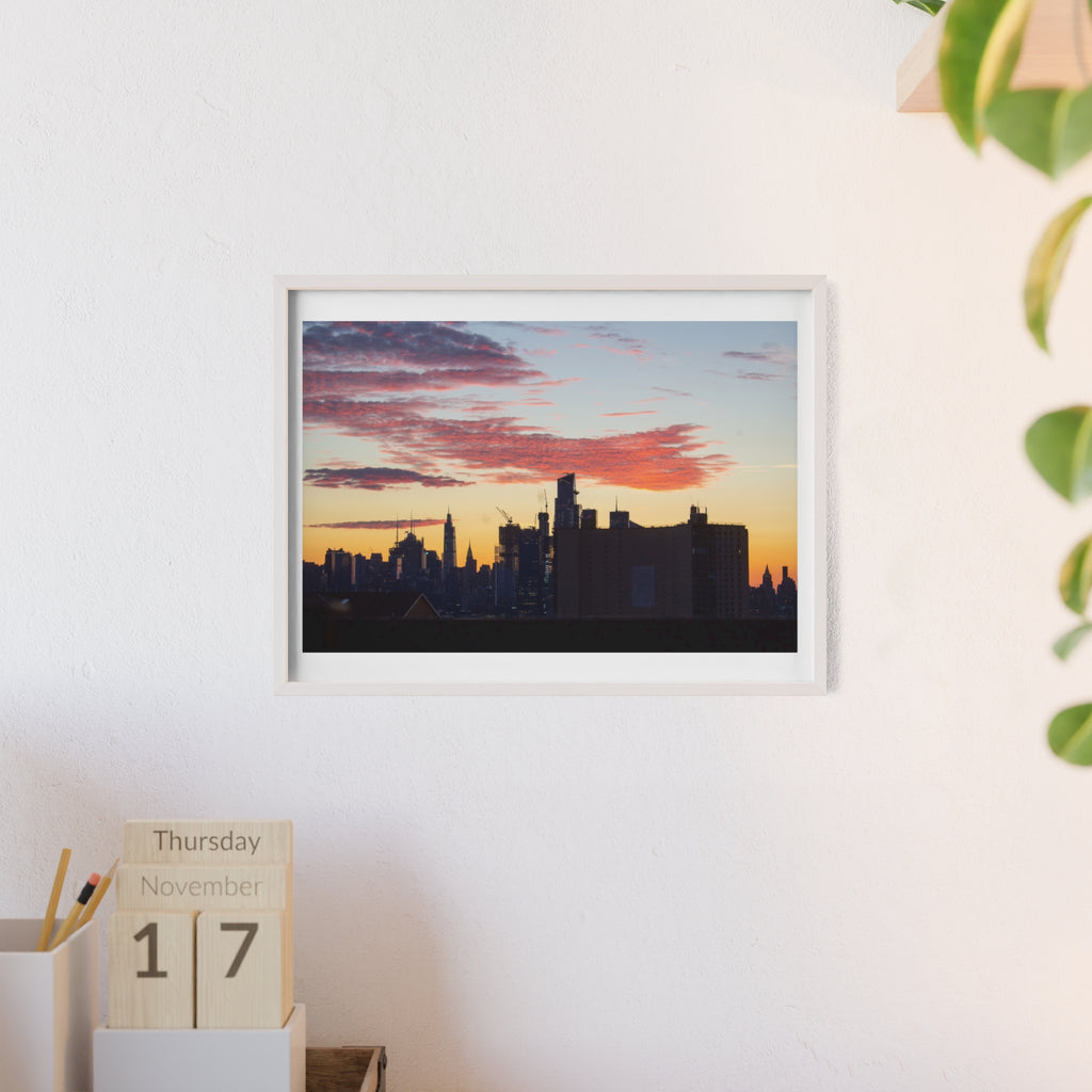 Framed City Skyline Poster — Sunset Urban Wall Art with Wooden Frame