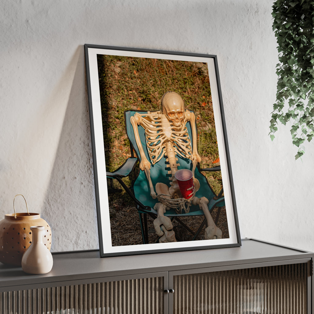 Skeleton Relaxing Poster with Wooden Frame — Funny Halloween Wall Art