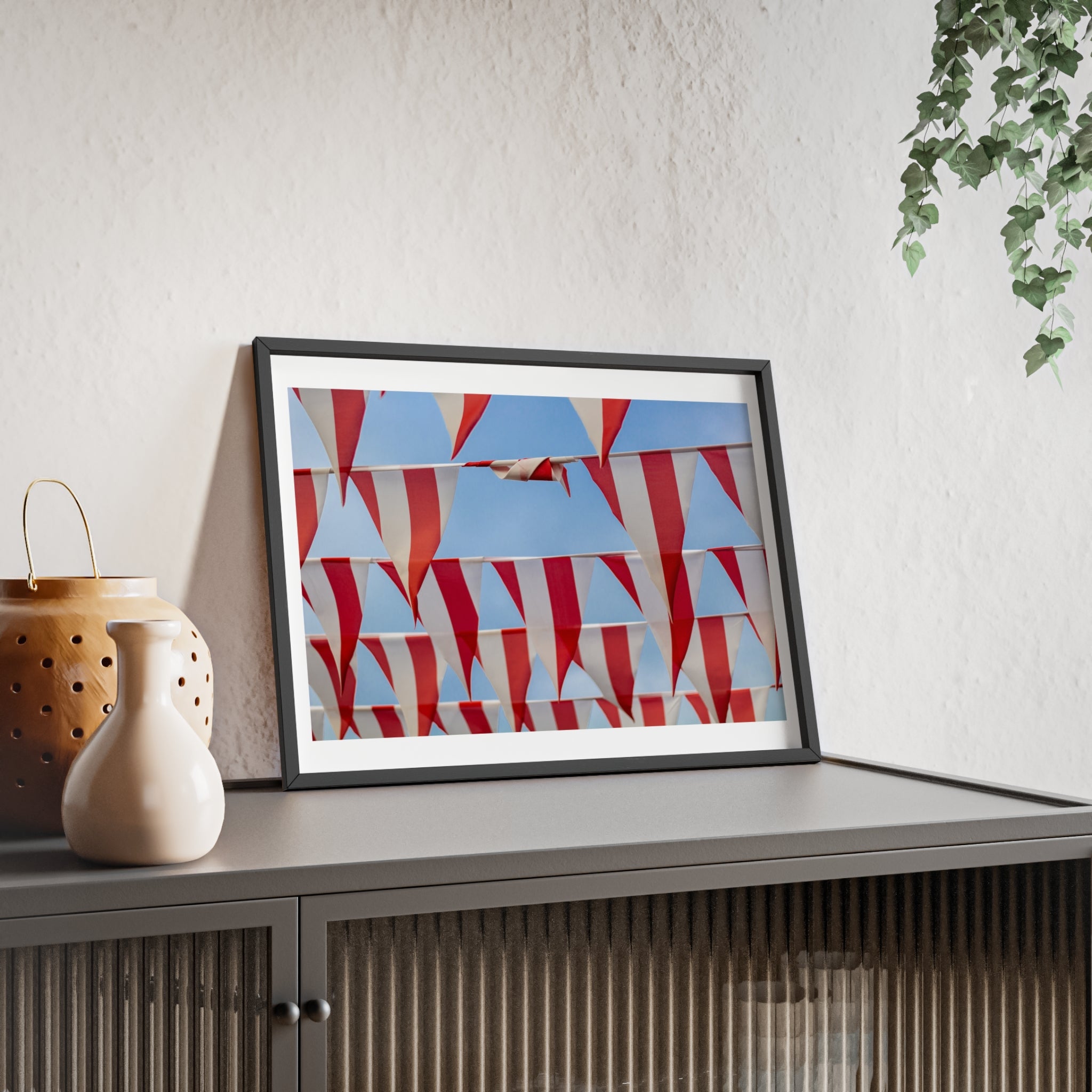 Red and White Festival Bunting Photo Poster with Wooden Frame — Coastal Nautical Wall Art