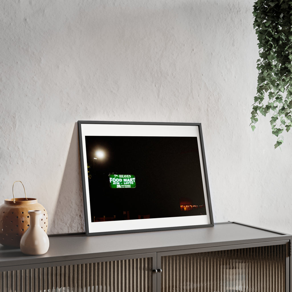 Framed Night Market Photo Print — 'Food Mart' Neon Sign Poster