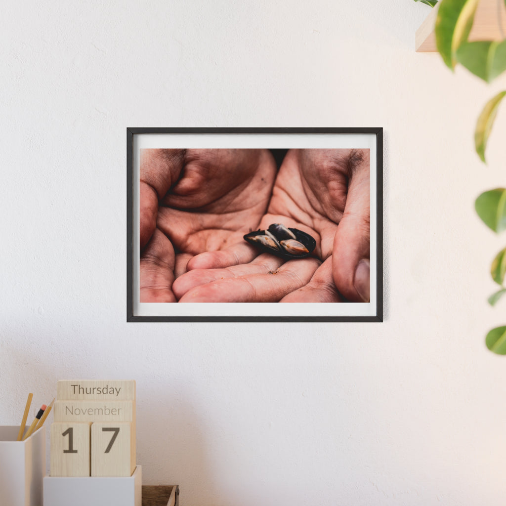 Framed Hands & Shells Art Print — Rustic Botanical Wall Poster
