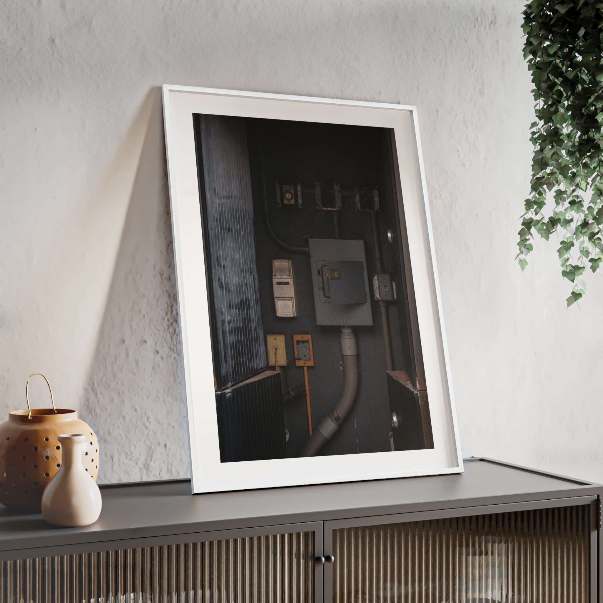 Industrial Electrical Box Poster with Wooden Frame — Urban Utility Wall Art