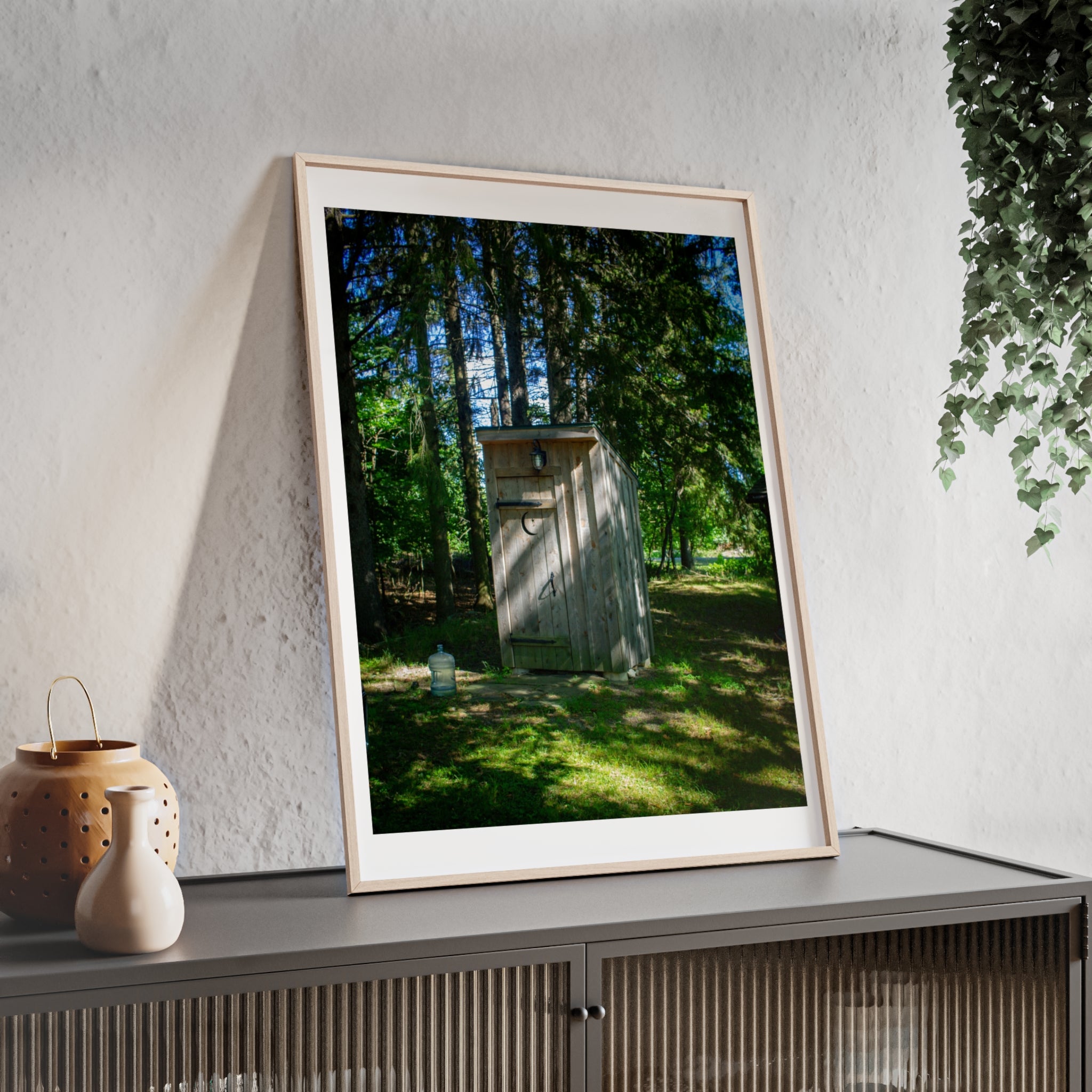 Rustic Forest Outhouse Photo Poster with Wooden Frame — Country Cabin Wall Art