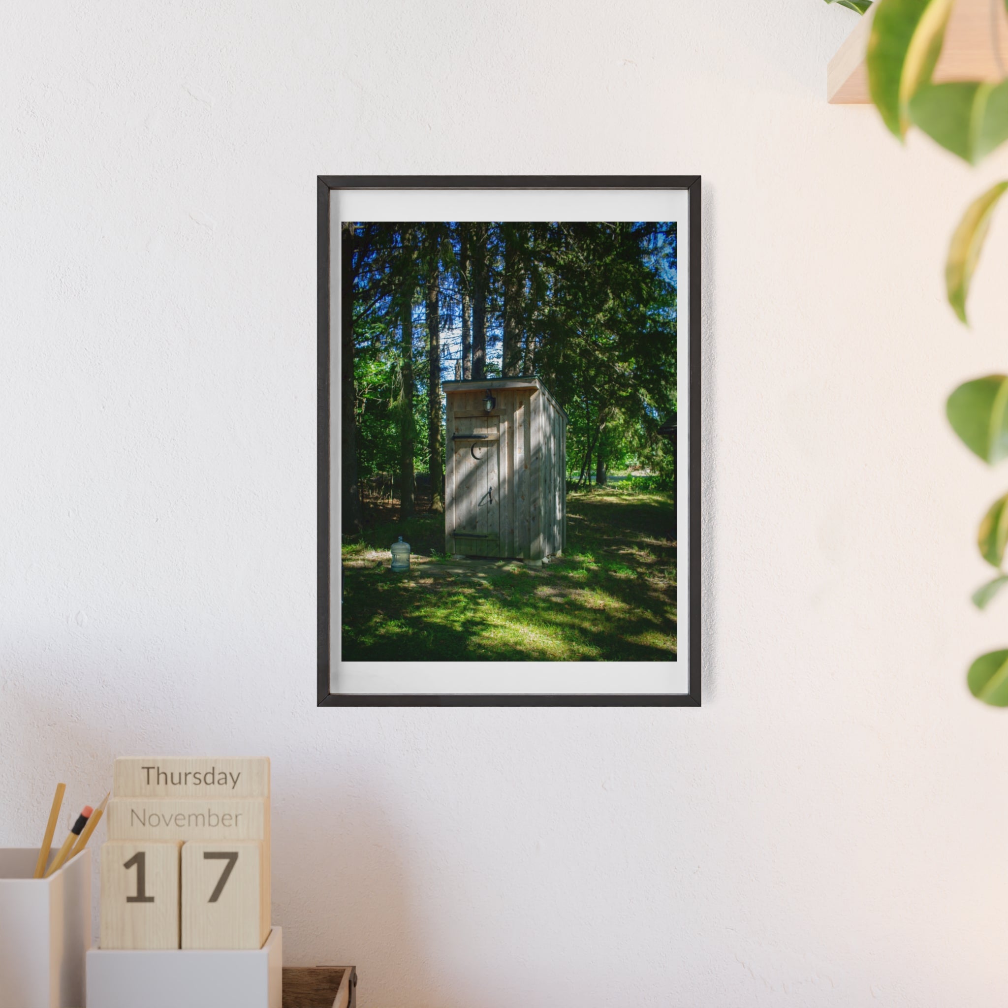 Rustic Forest Outhouse Photo Poster with Wooden Frame — Country Cabin Wall Art
