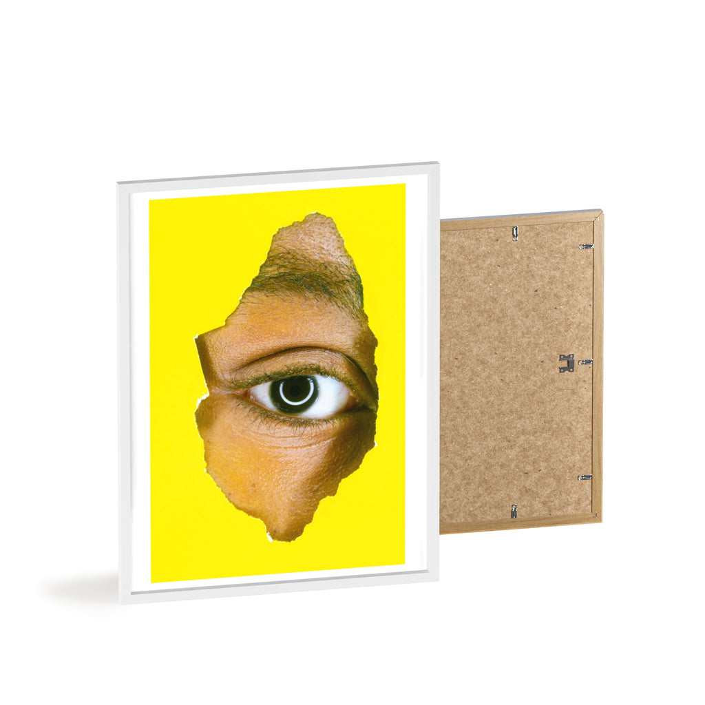 Surreal Eye Print Poster with Wooden Frame — Bold Yellow Wall Art
