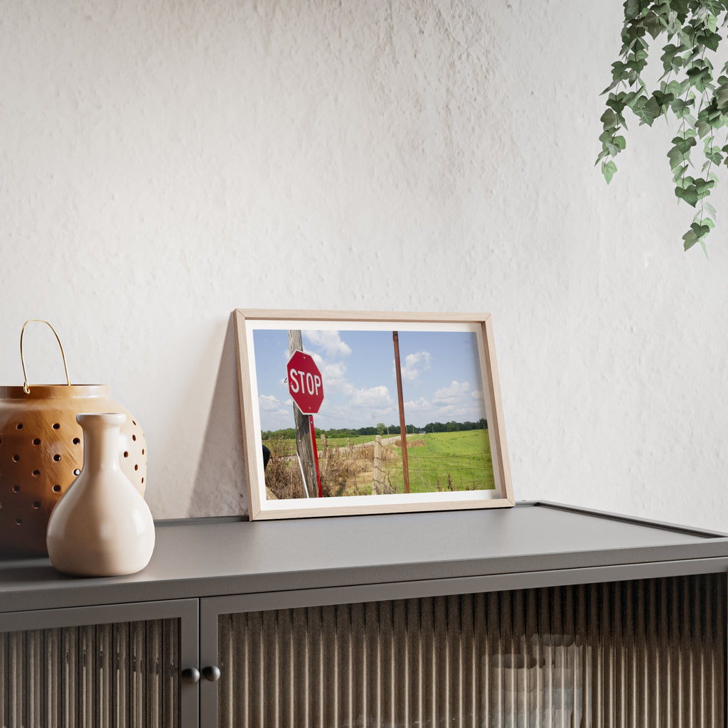 Framed Stop Sign Poster — Rustic Country Road Wall Art
