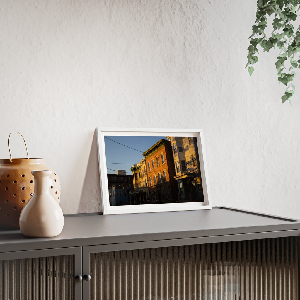 Framed Urban Rowhouse Print — Golden Hour City Street Wall Art Poster